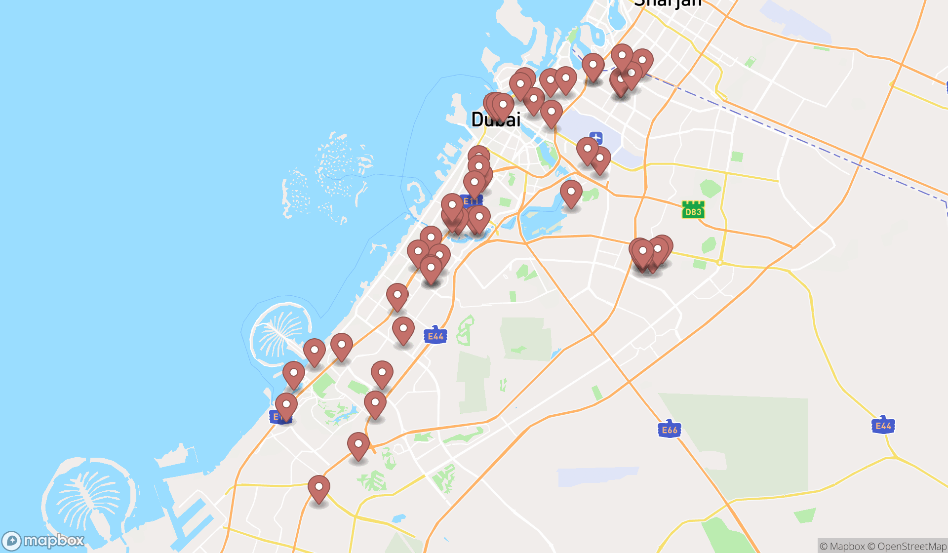 Map showing the search results in Dubai