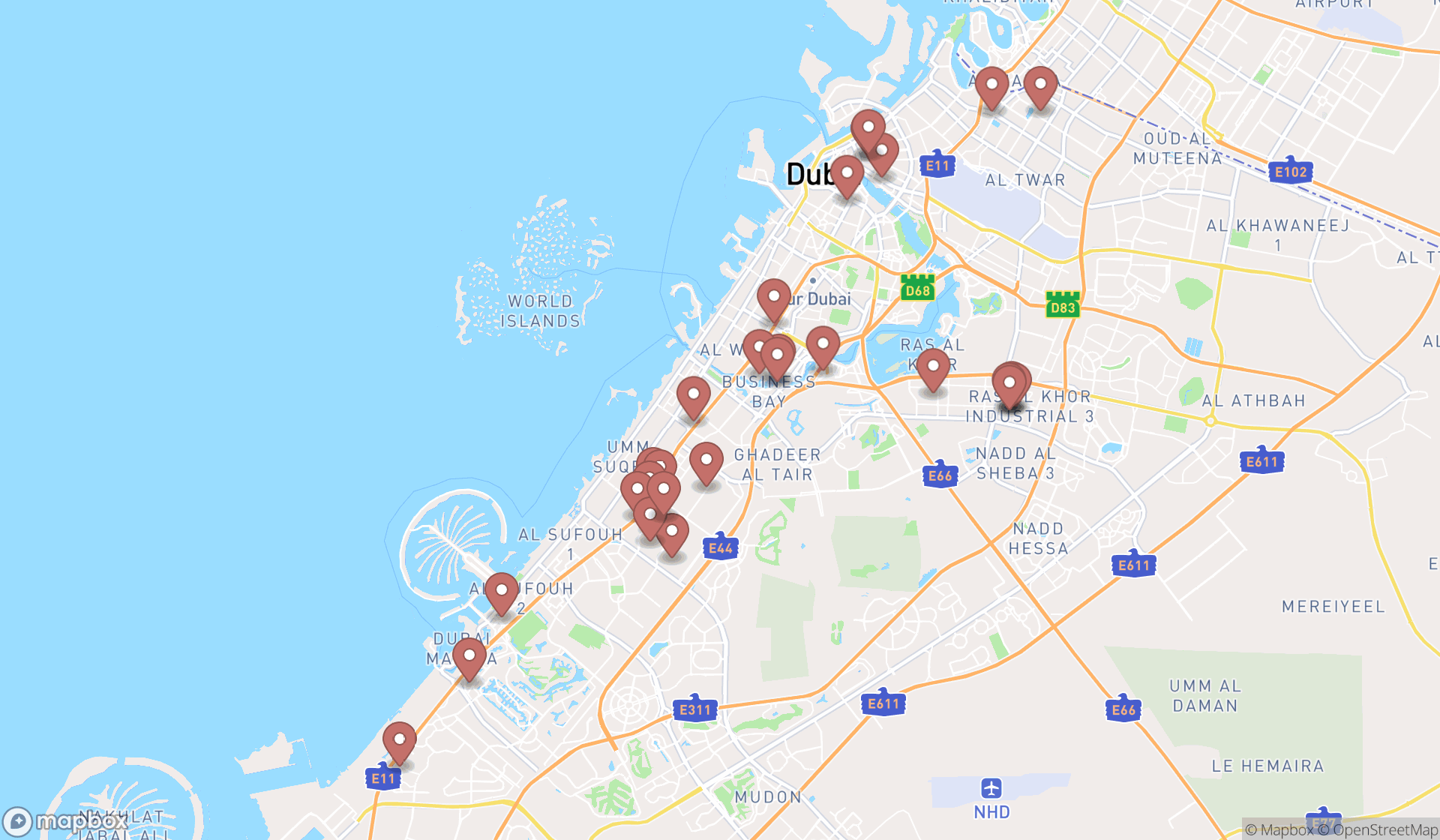 Map showing the search results in Dubai
