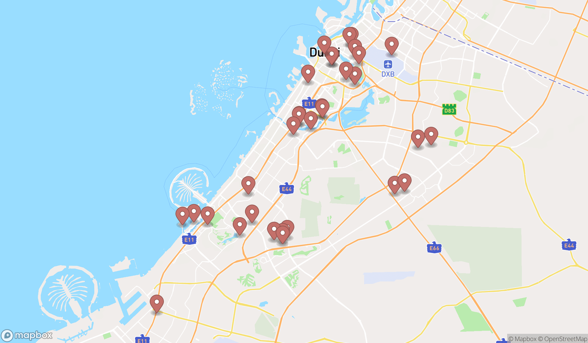 Map showing the search results in Dubai