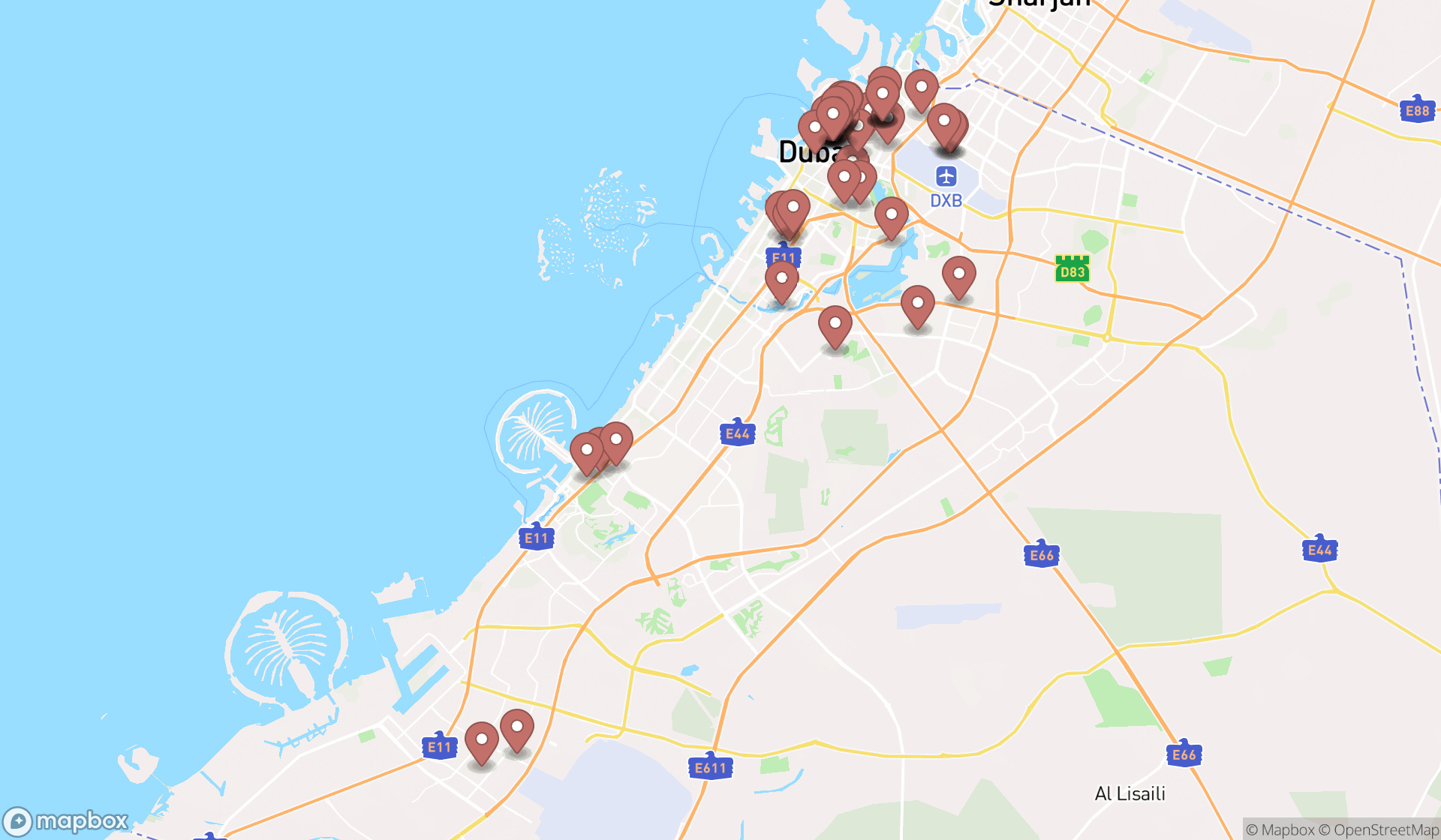 Map showing the search results in Dubai