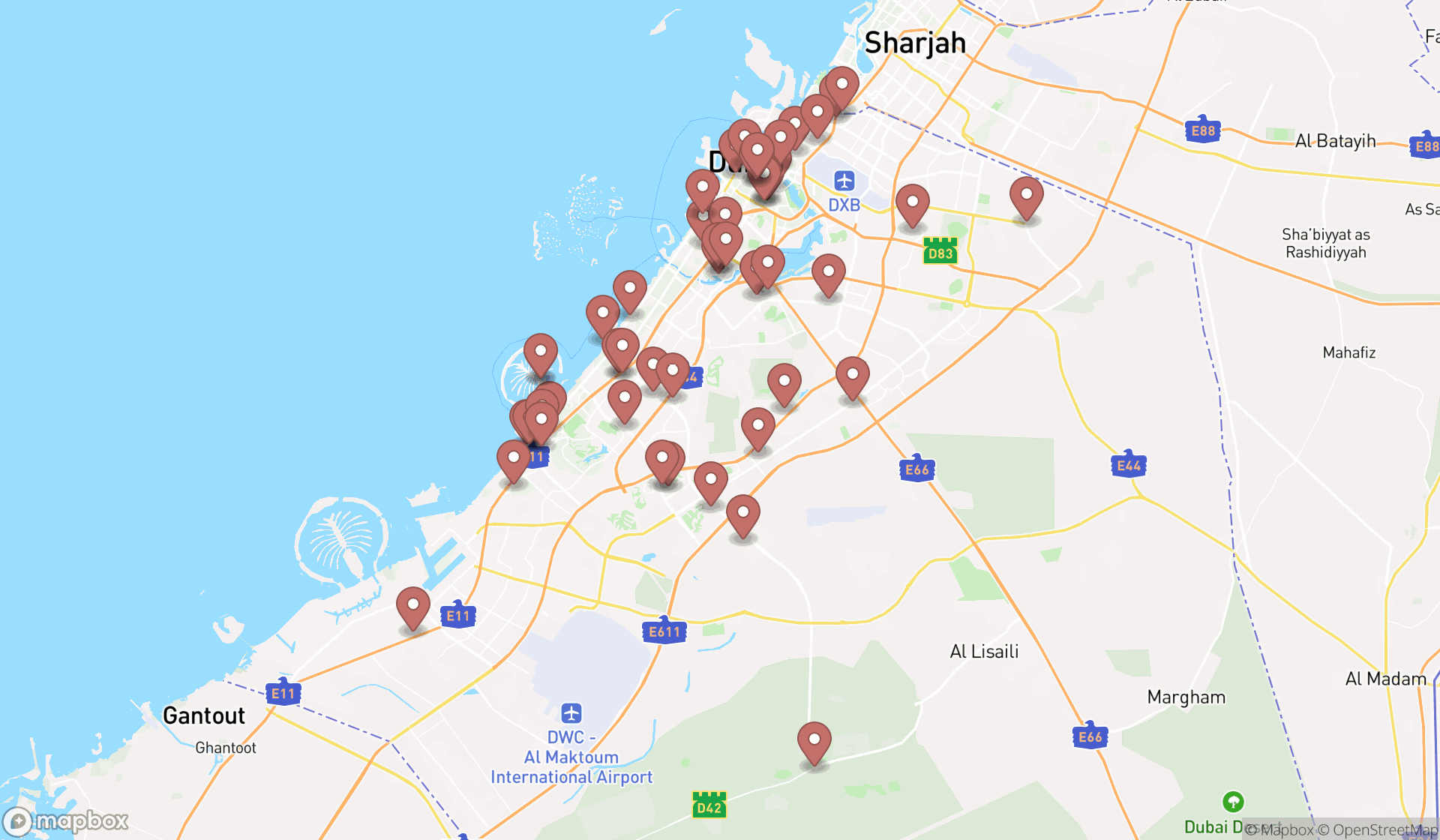 Map showing the search results in Dubai