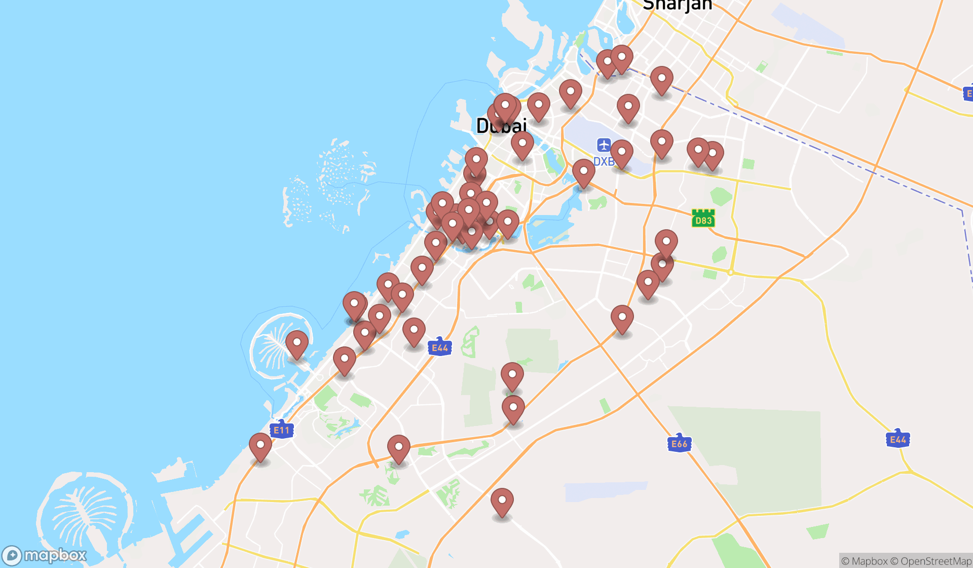 Map showing the search results in Dubai