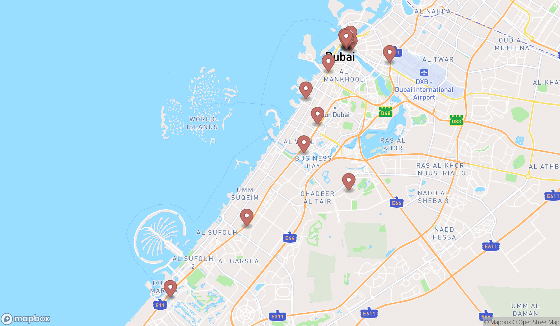 Map showing the search results in Dubai