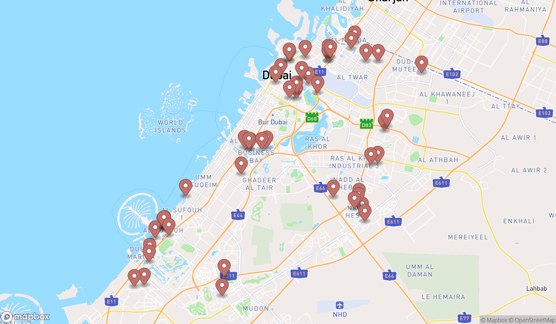 Map showing the search results in Dubai