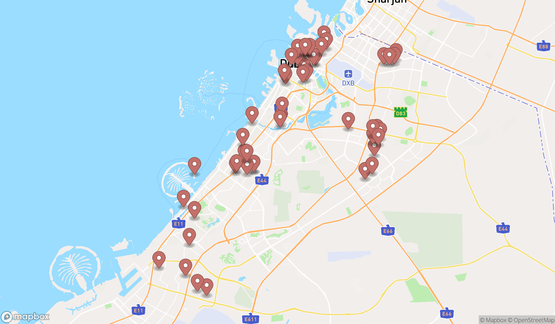 Map showing the search results in Dubai
