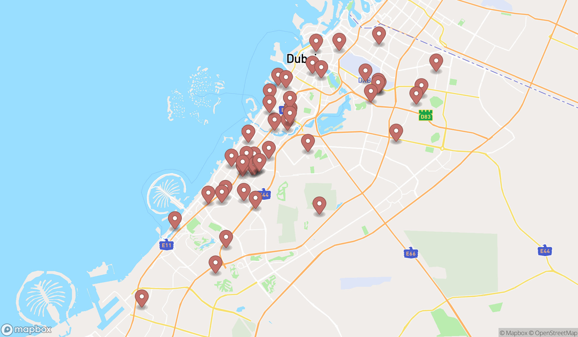 Map showing the search results in Dubai
