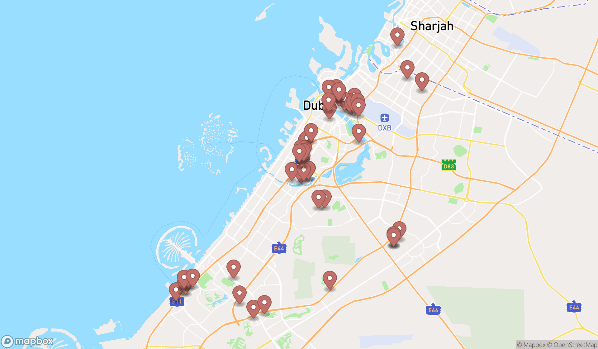 Map showing the search results in Dubai