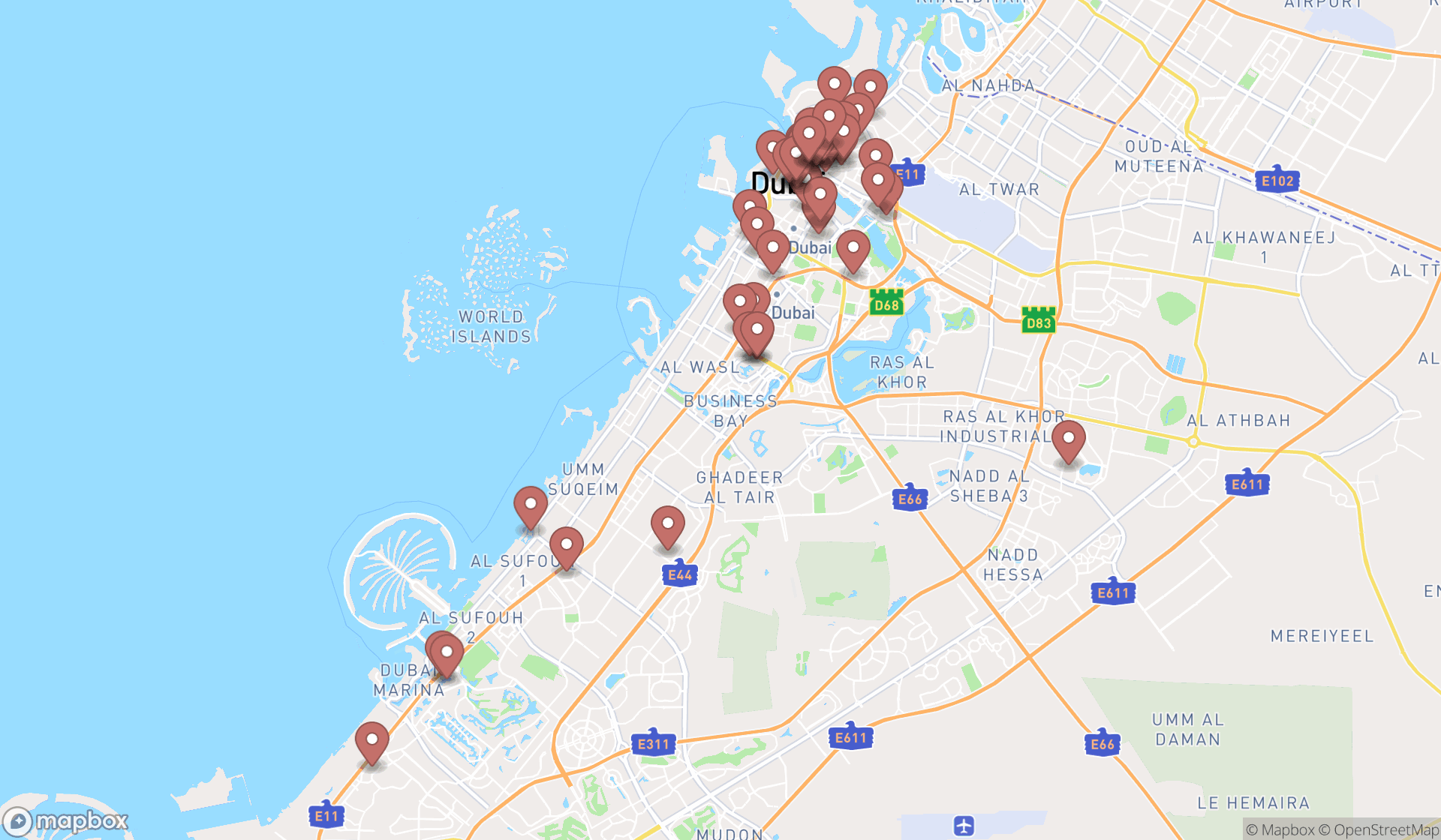 Map showing the search results in Dubai