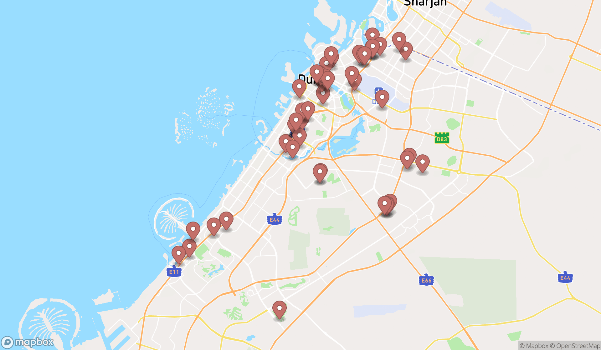 Map showing the search results in Dubai