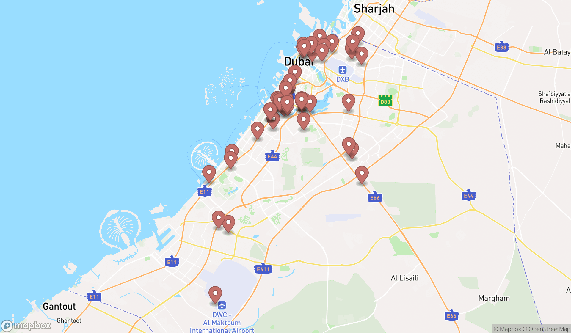 Map showing the search results in Dubai