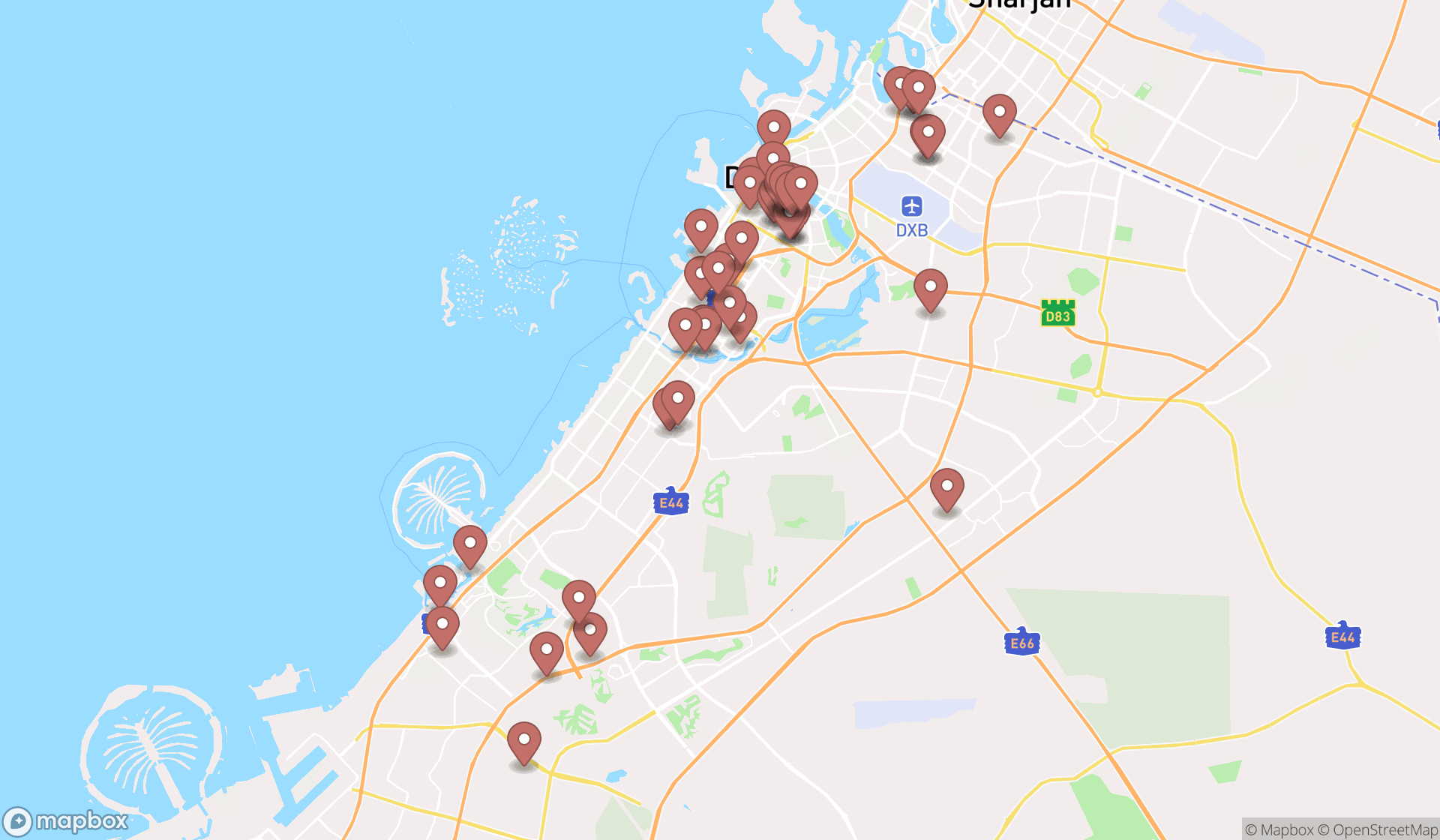 Map showing the search results in Dubai