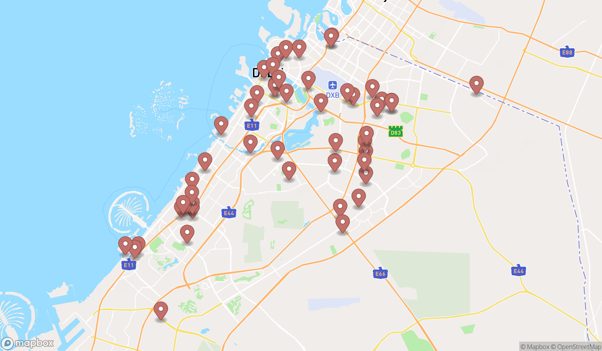 Map showing the search results in Dubai