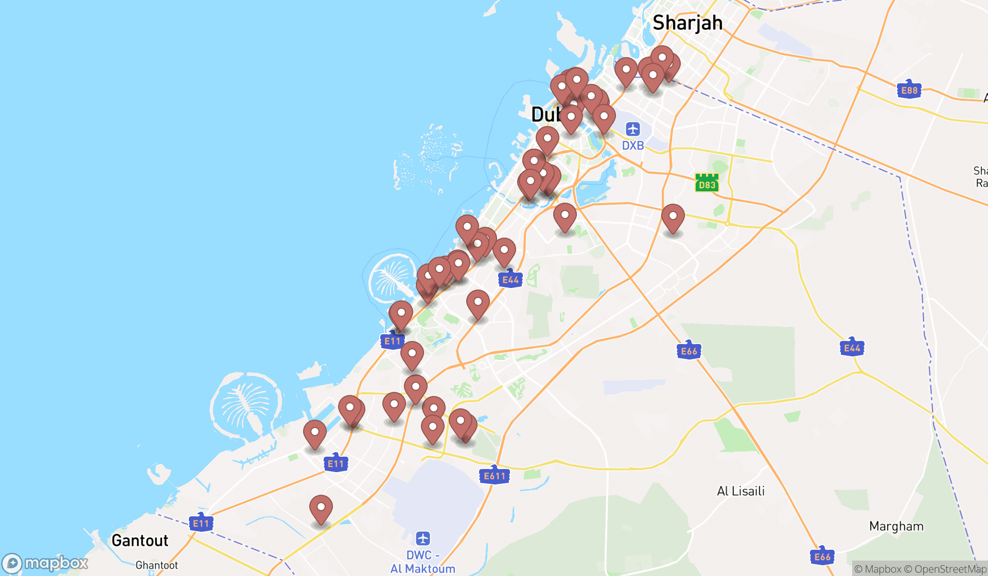 Map showing the search results in Dubai