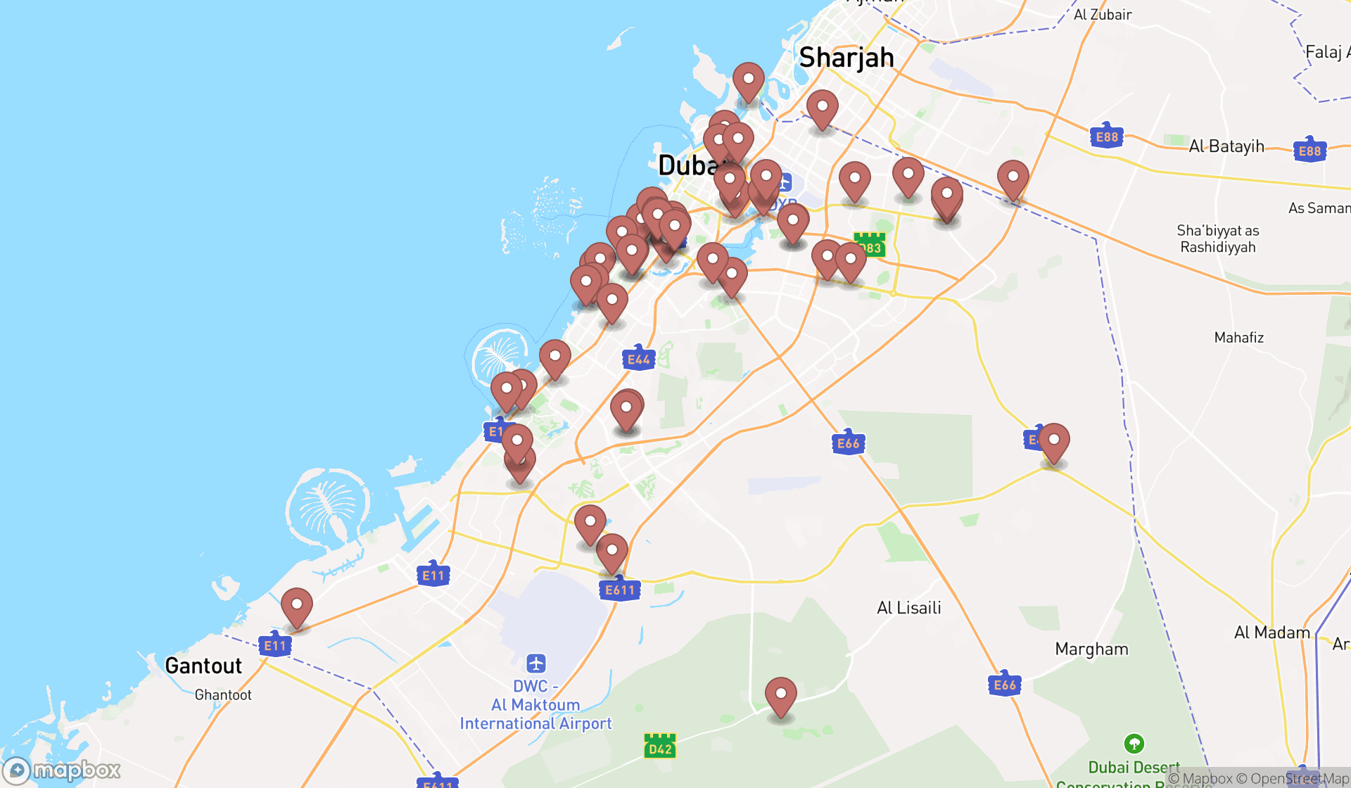 Map showing the search results in Dubai