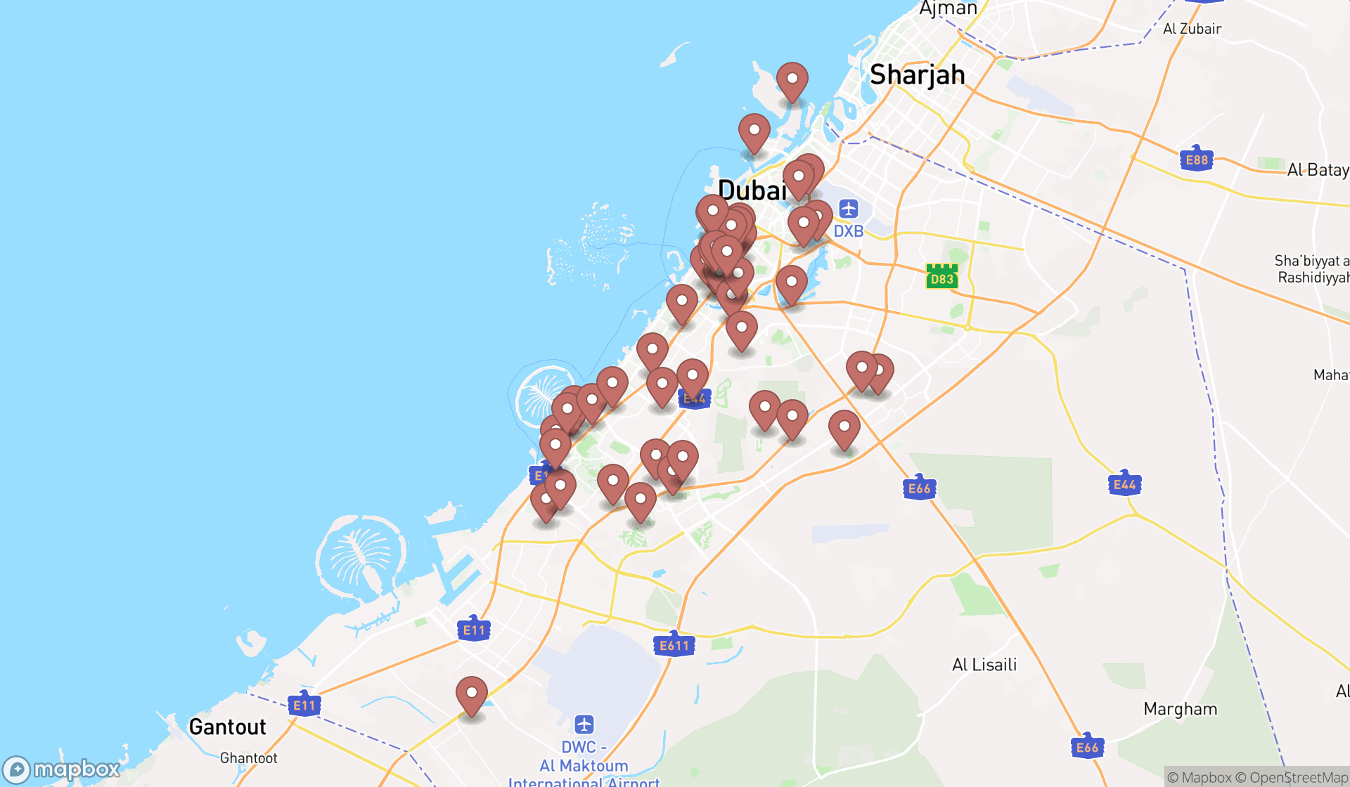Map showing the search results in Dubai