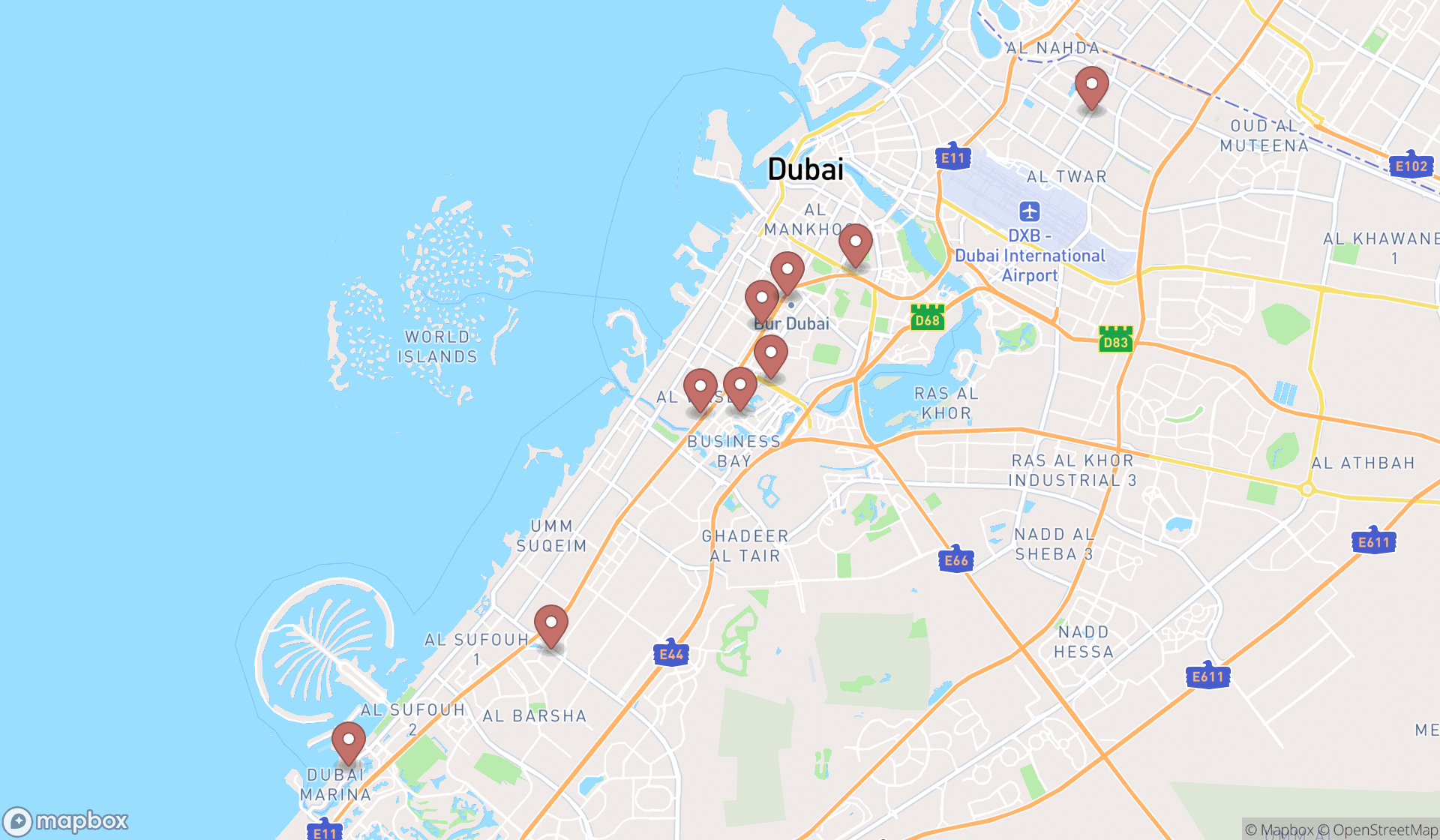Map showing the search results in Dubai