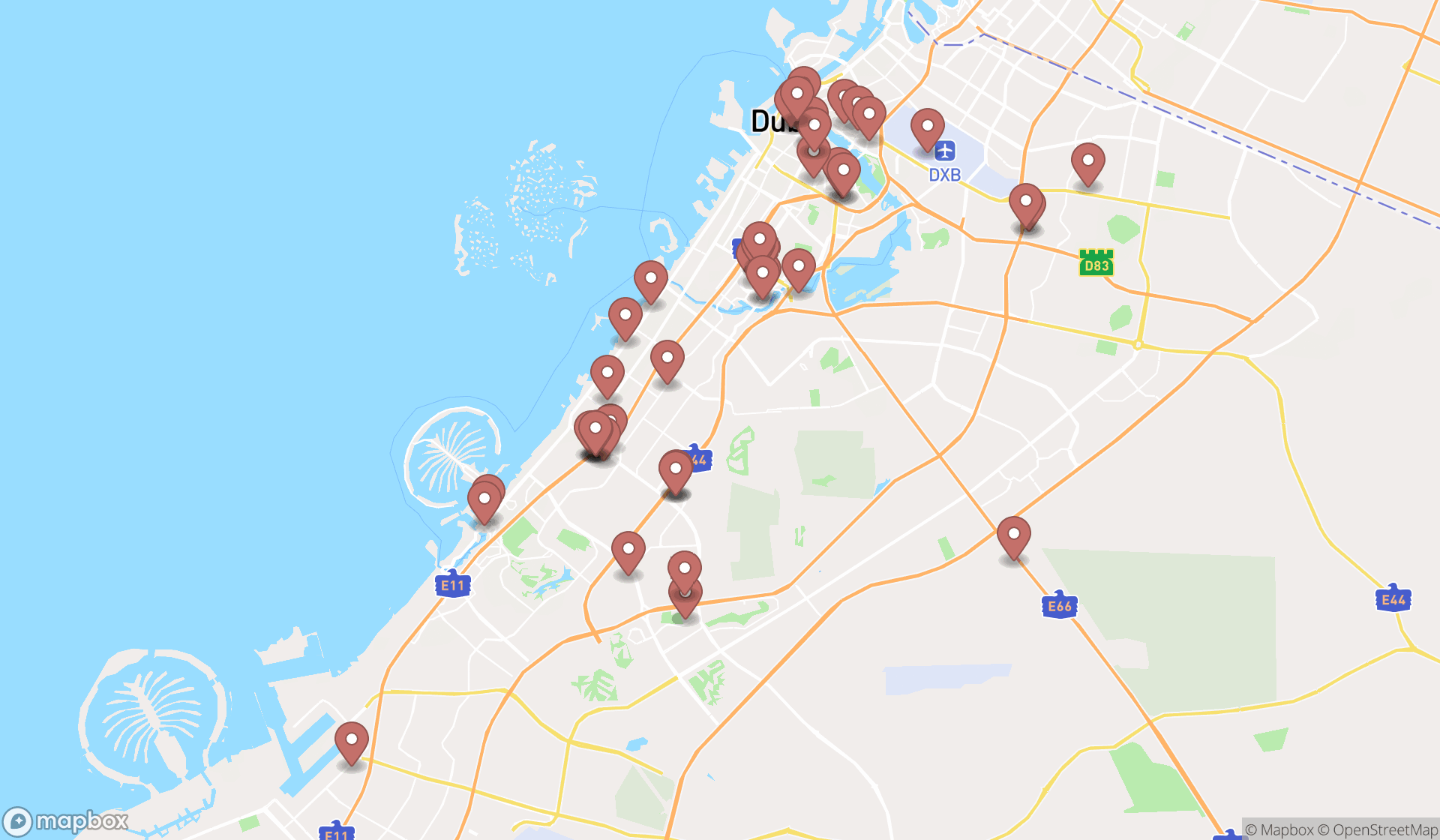 Map showing the search results in Dubai