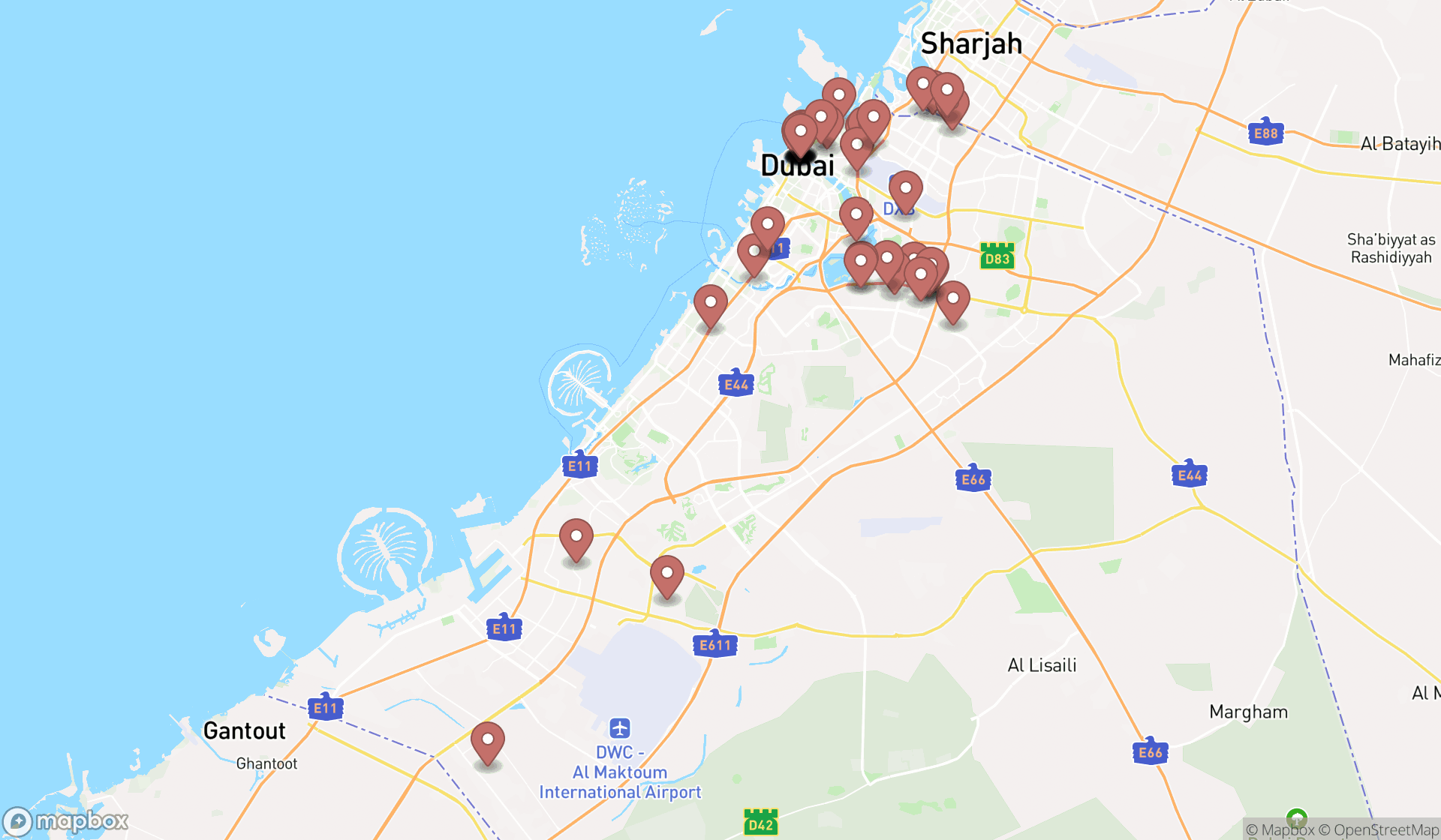 Map showing the search results in Dubai