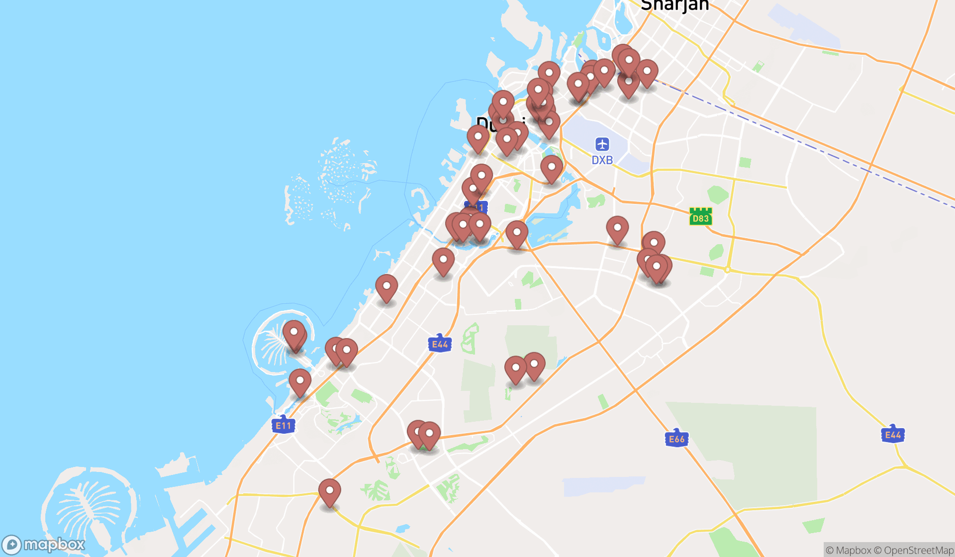 Map showing the search results in Dubai