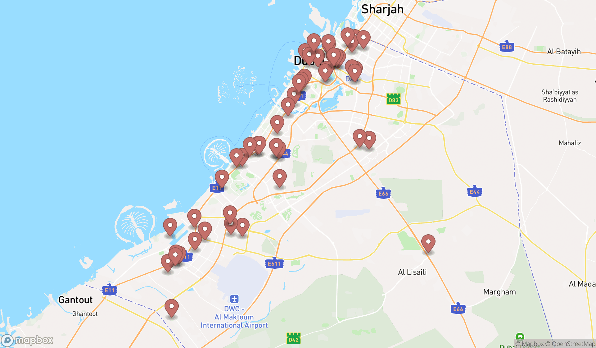 Map showing the search results in Dubai