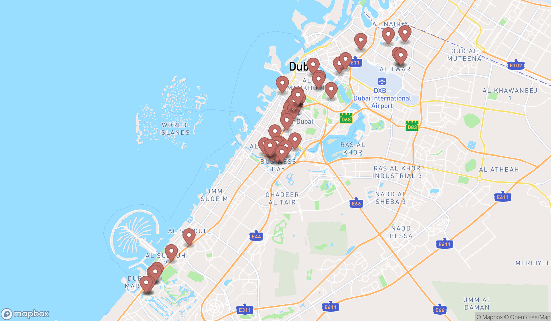 Map showing the search results in Dubai