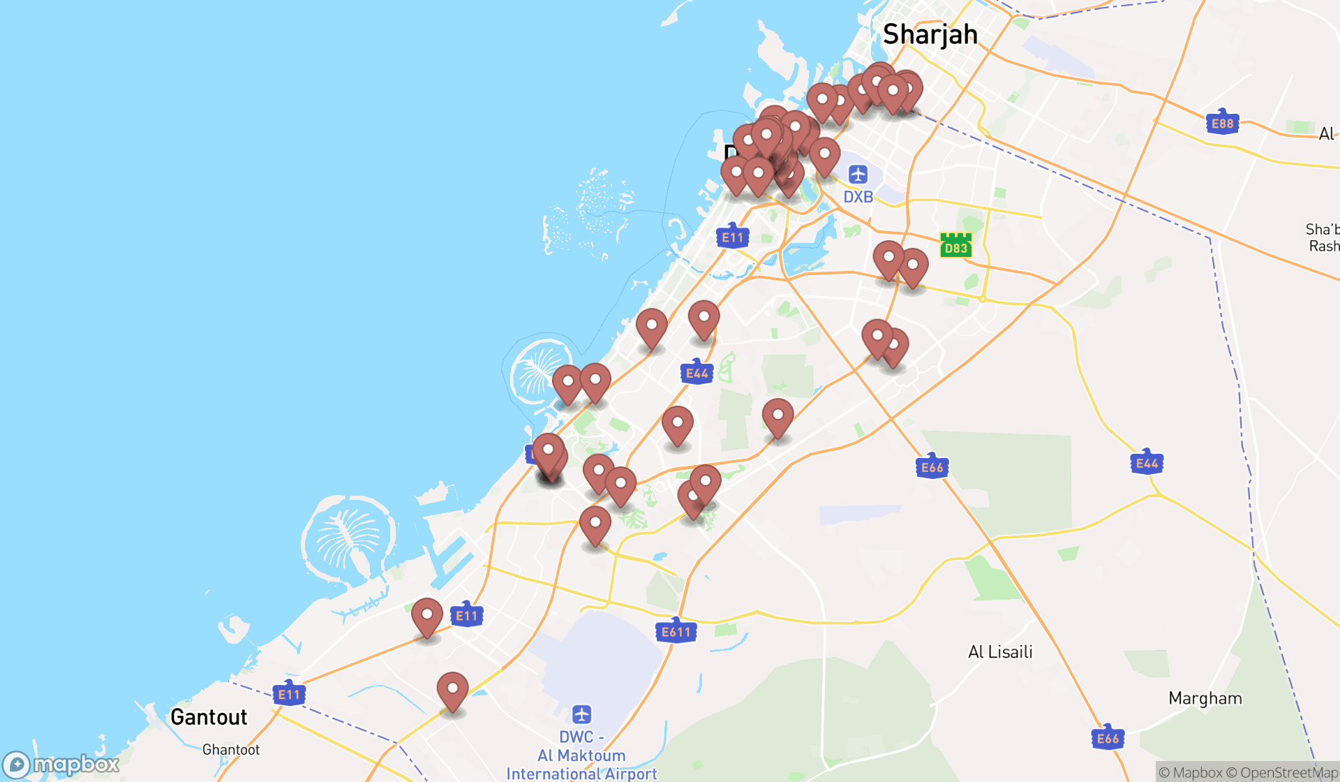 Map showing the search results in Dubai