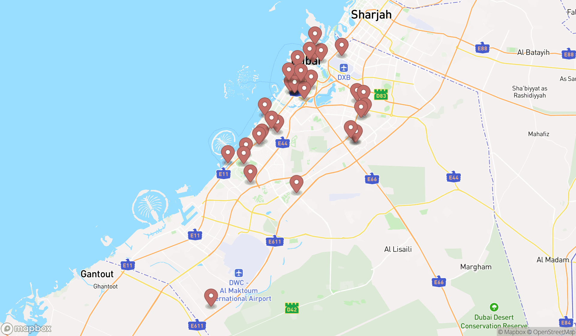 Map showing the search results in Dubai