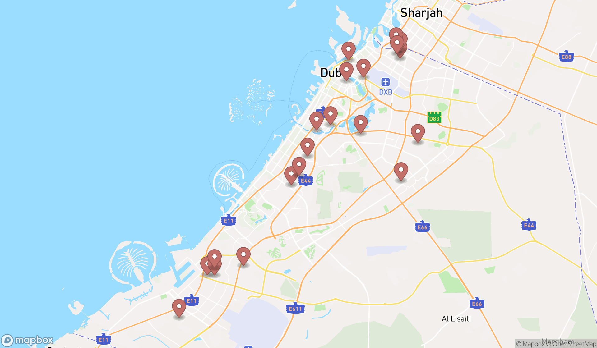 Map showing the search results in Dubai