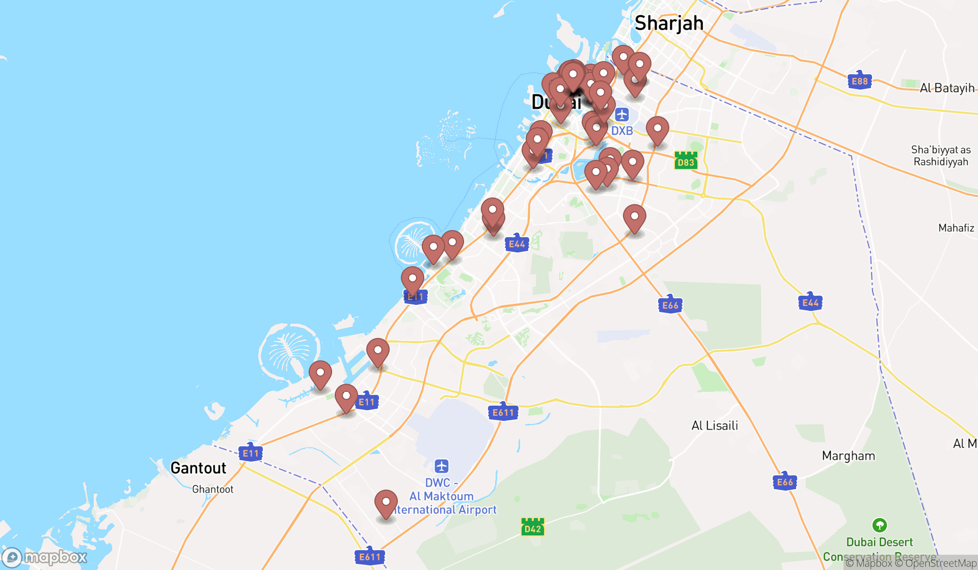 Map showing the search results in Dubai