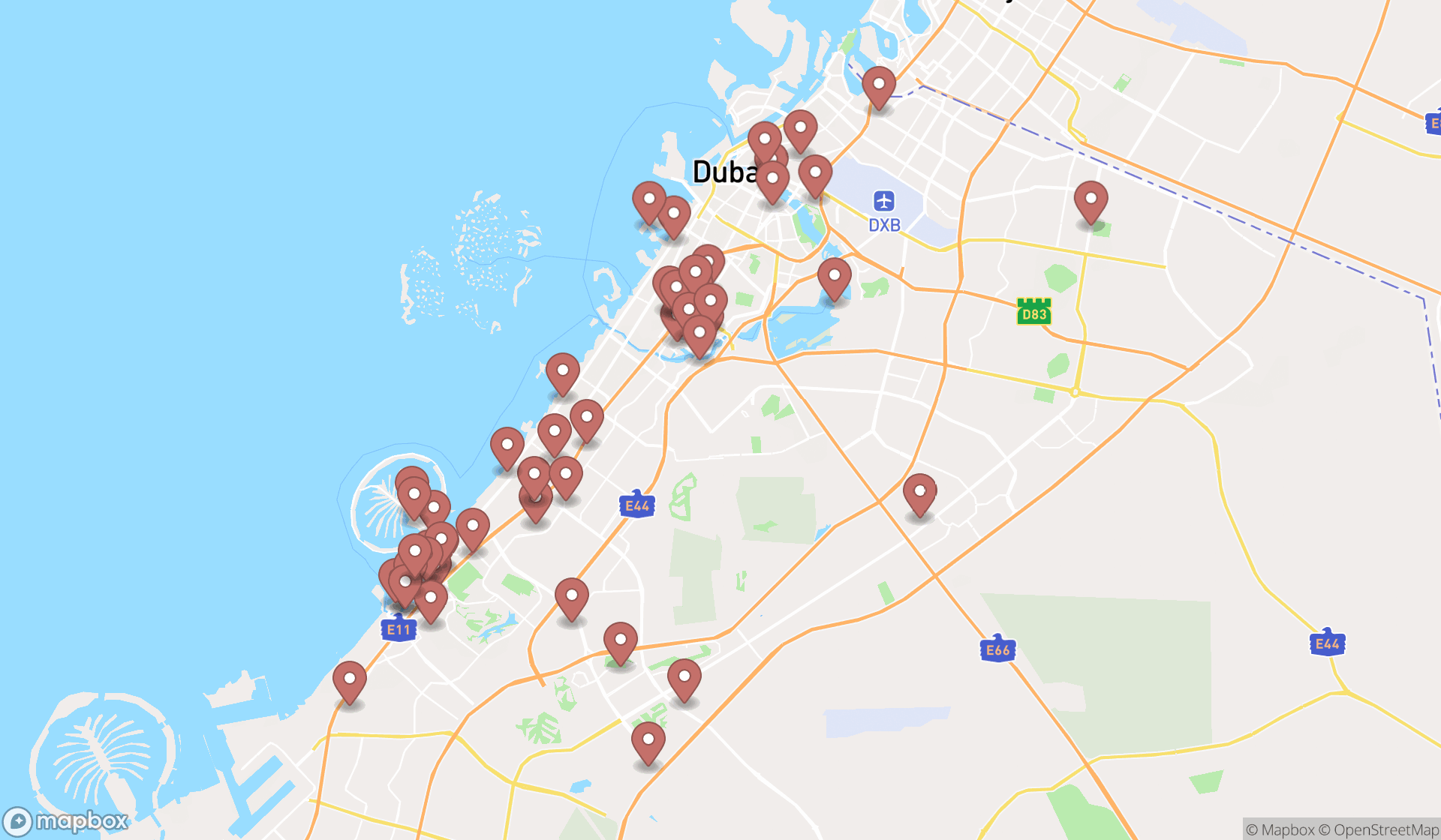 Map showing the search results in Dubai