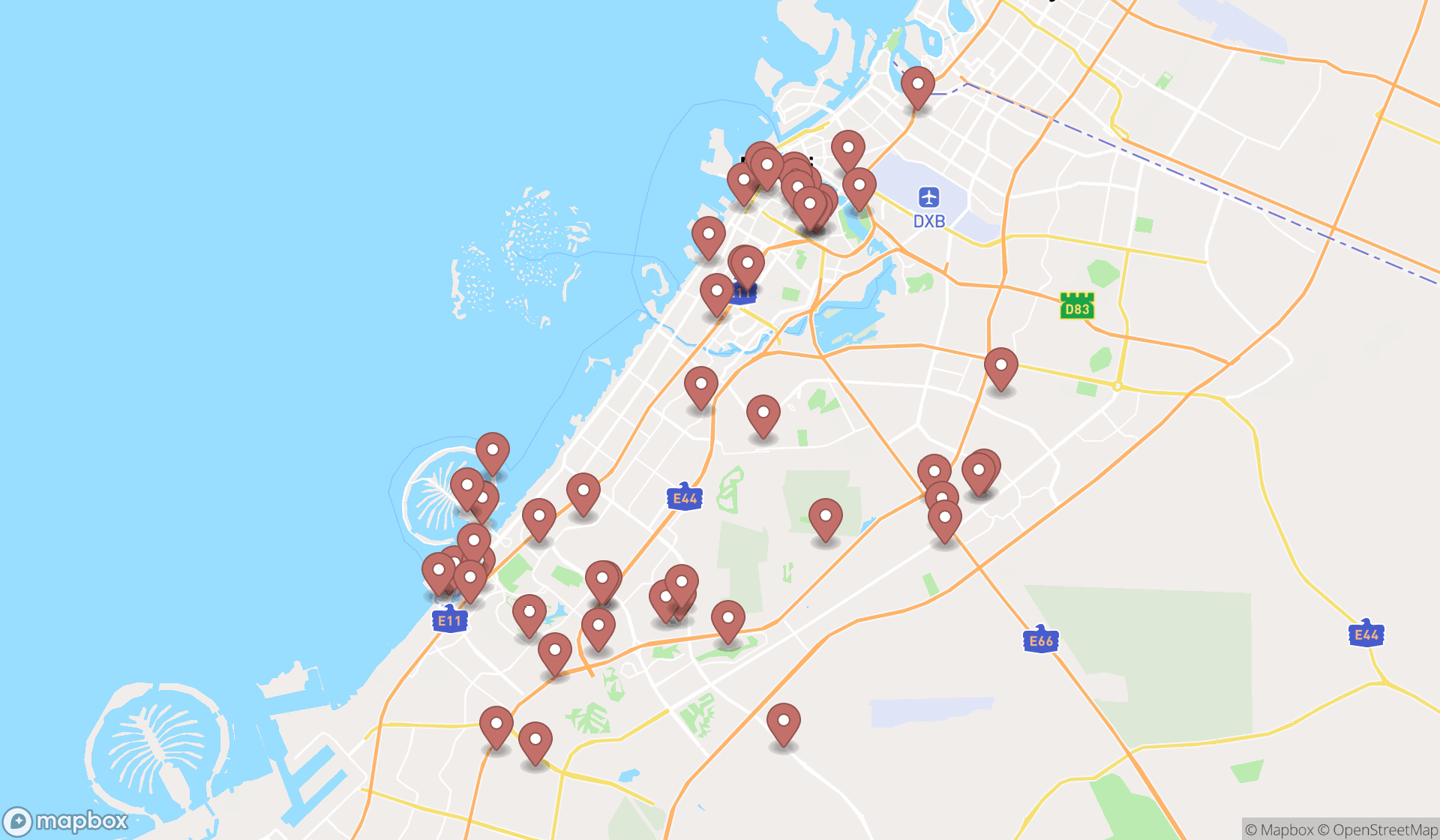 Map showing the search results in Dubai