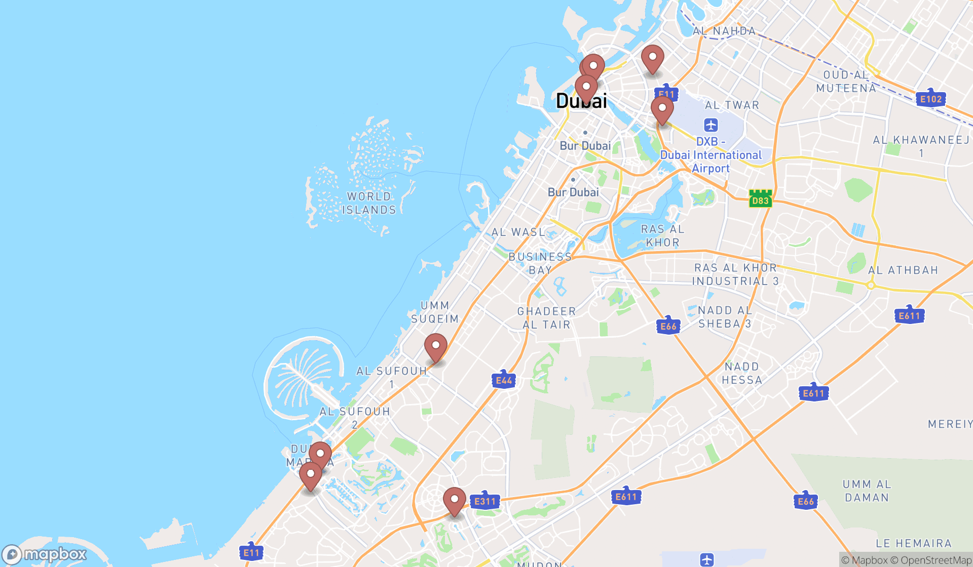 Map showing the search results in Dubai