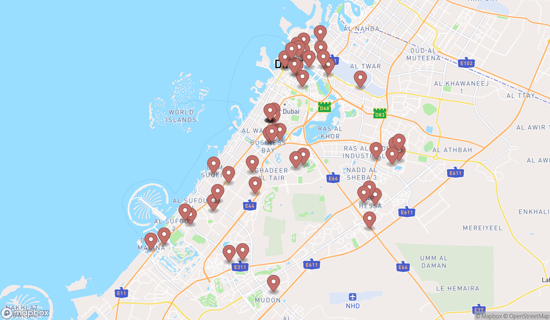 Map showing the search results in Dubai