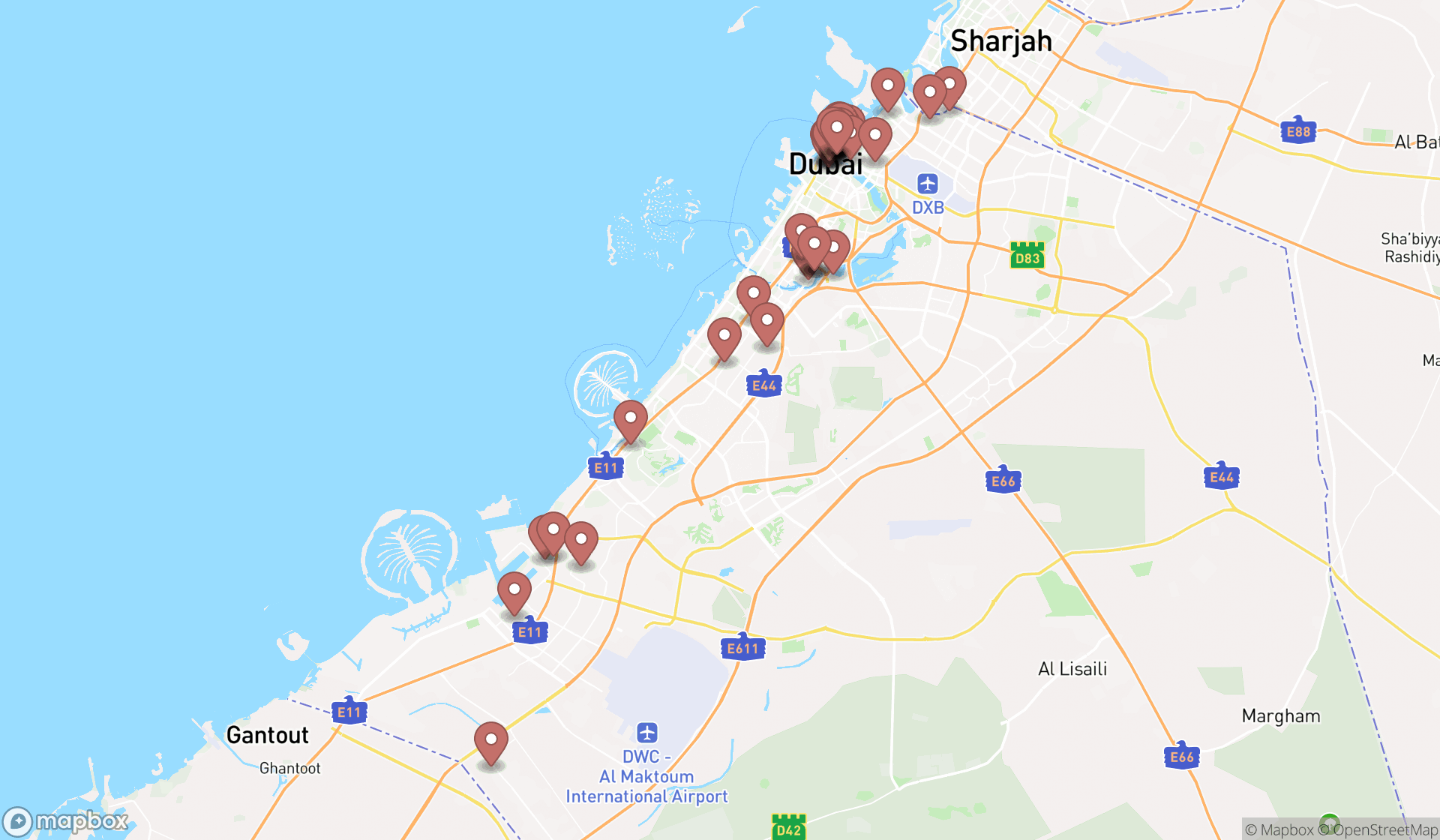 Map showing the search results in Dubai