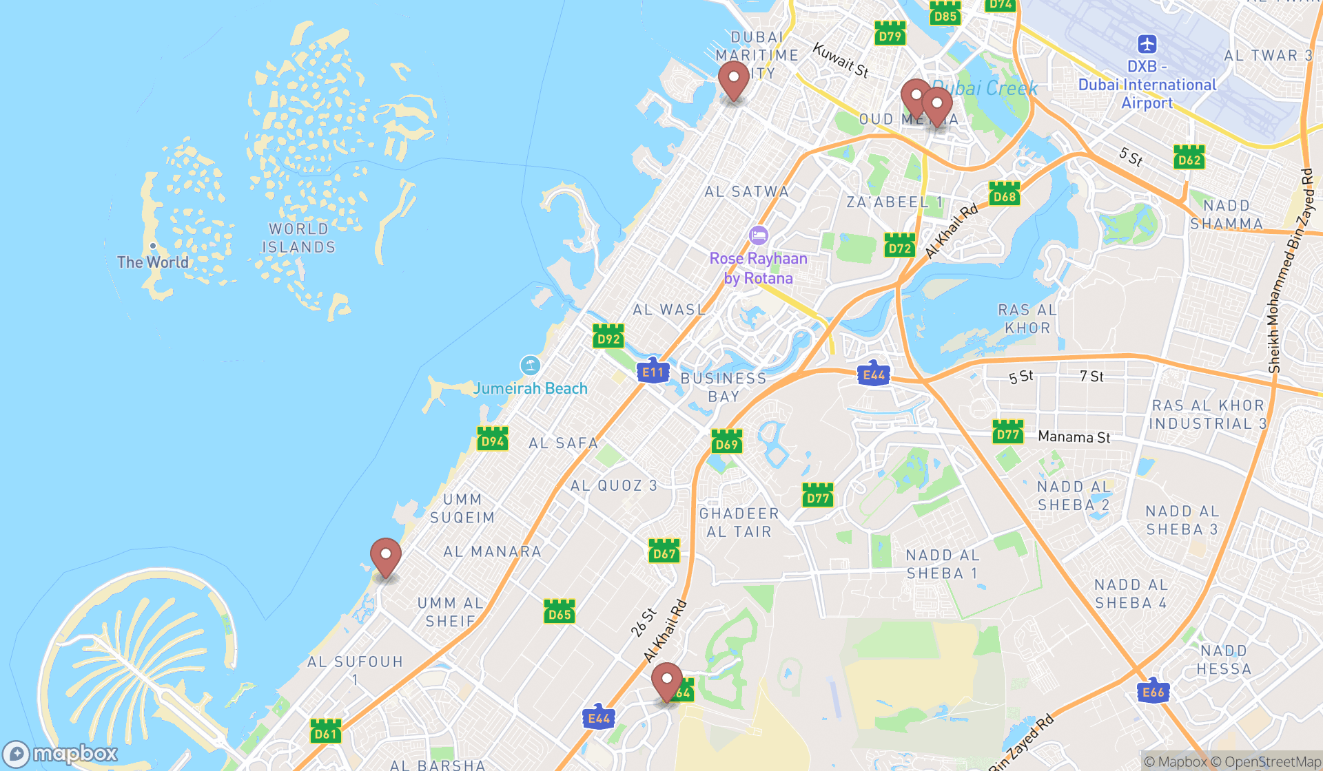 Map showing the search results in Dubai