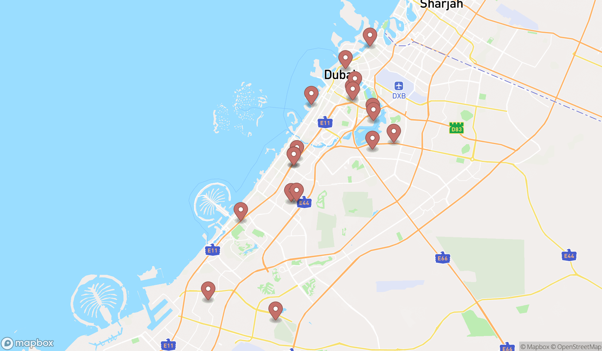Map showing the search results in Dubai
