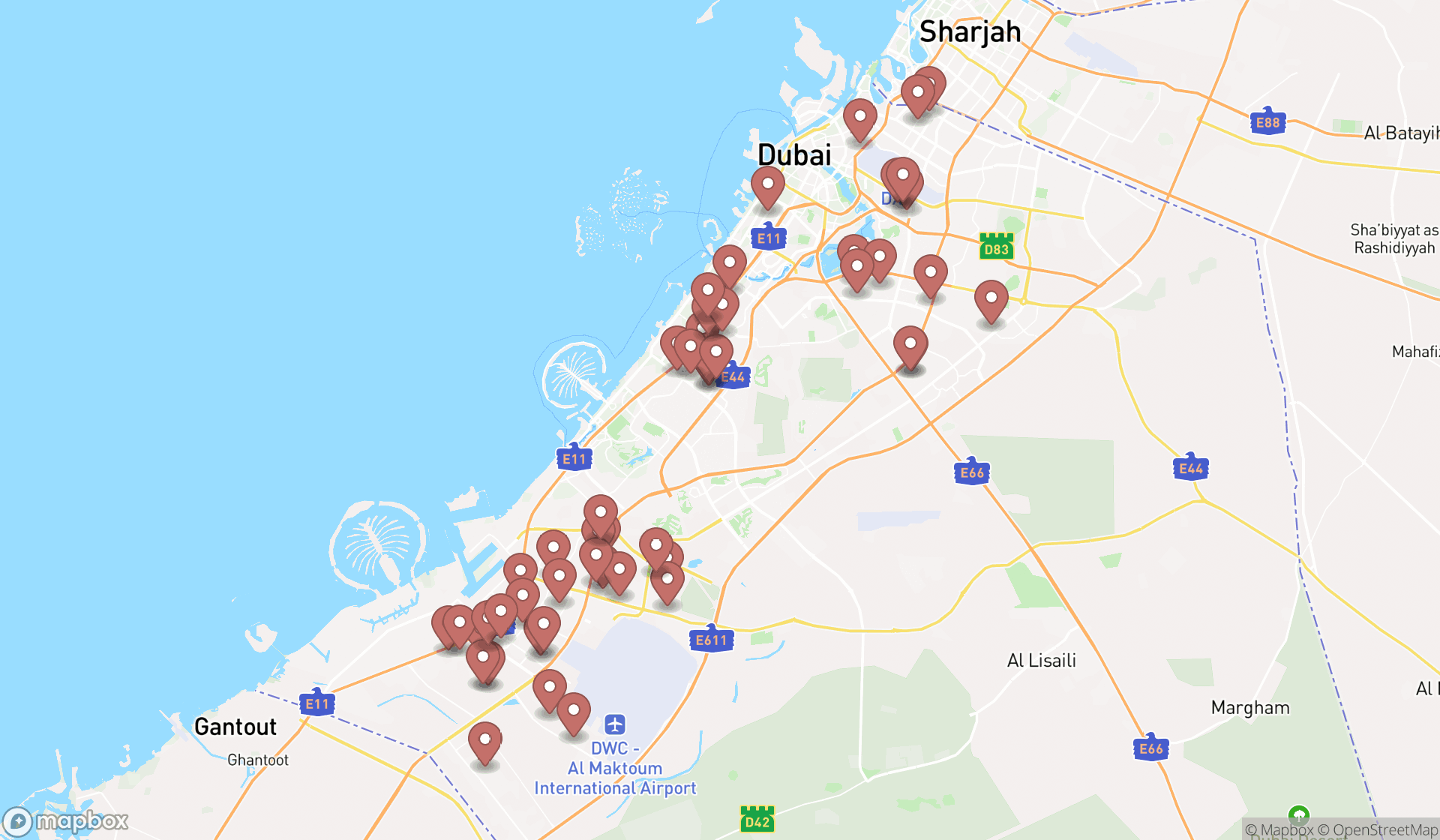 Map showing the search results in Dubai
