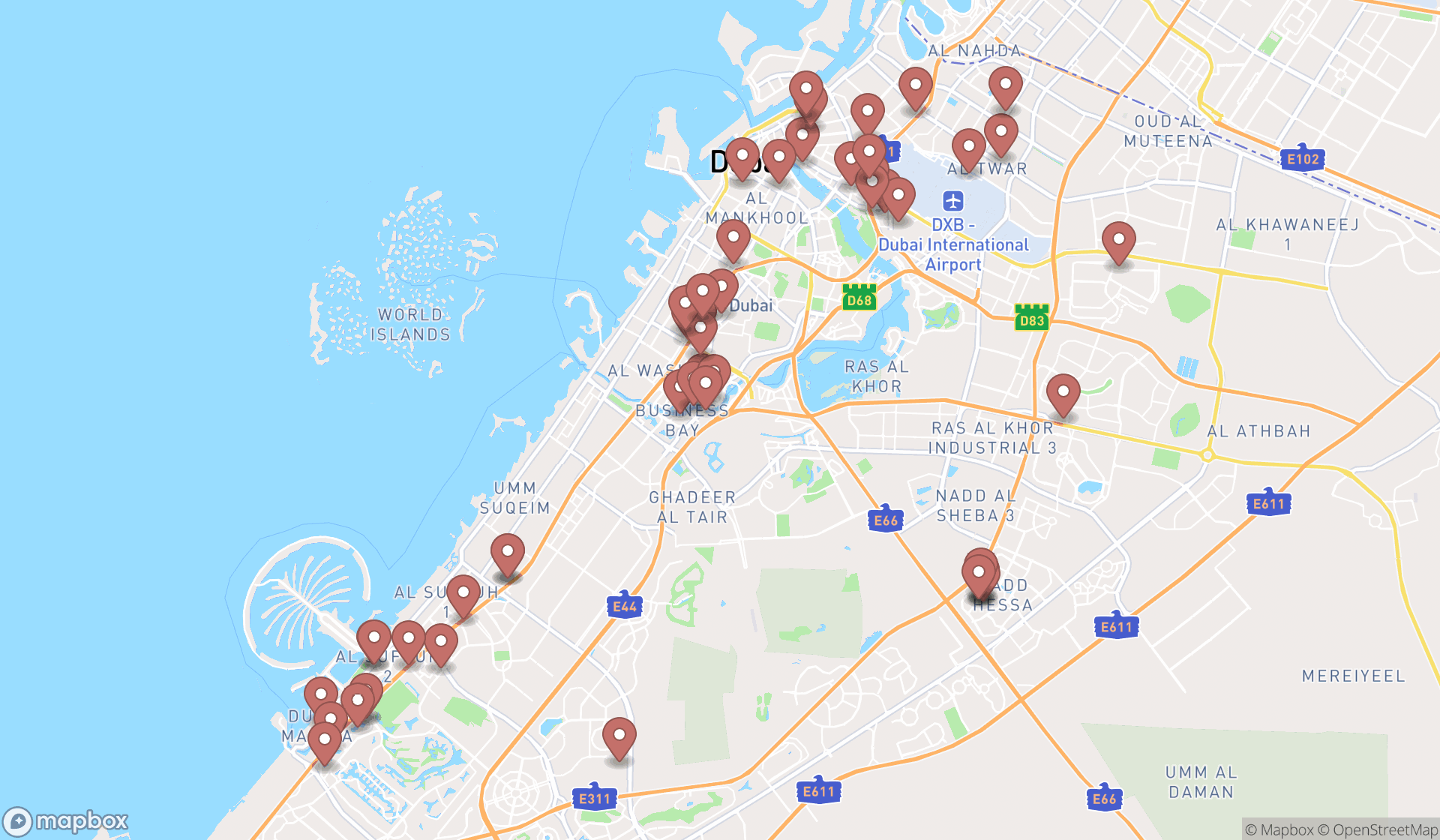 Map showing the search results in Dubai