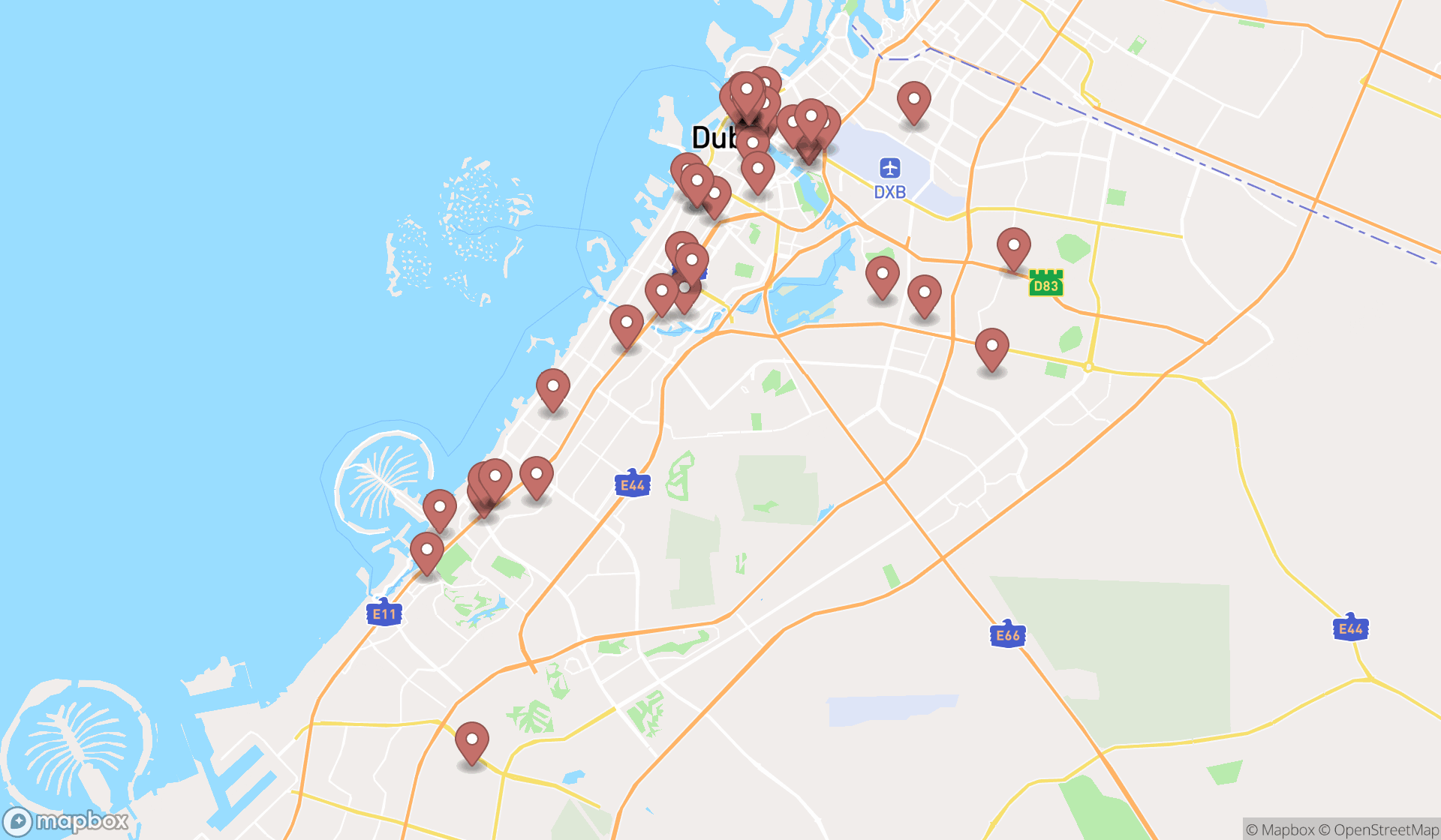 Map showing the search results in Dubai