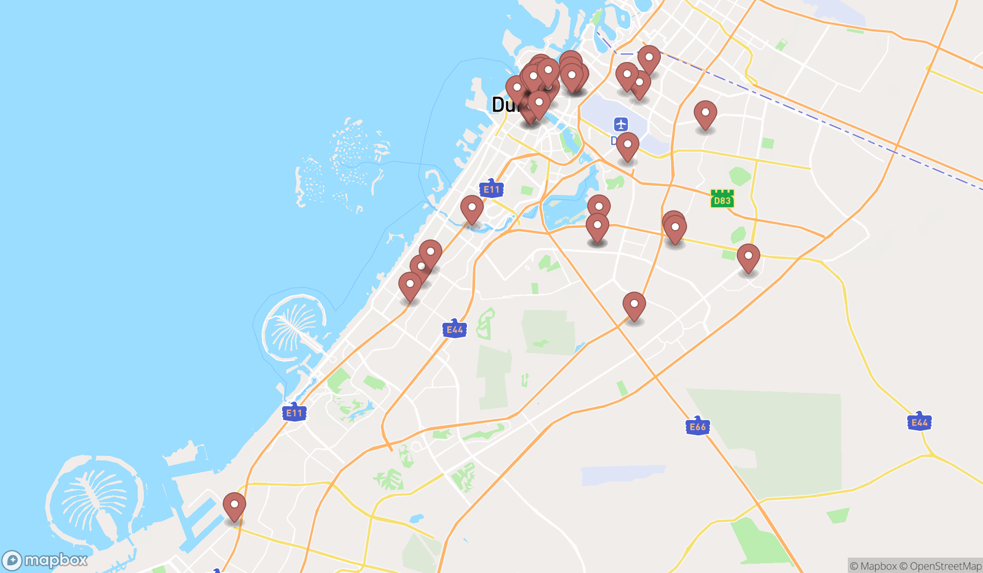 Map showing the search results in Dubai