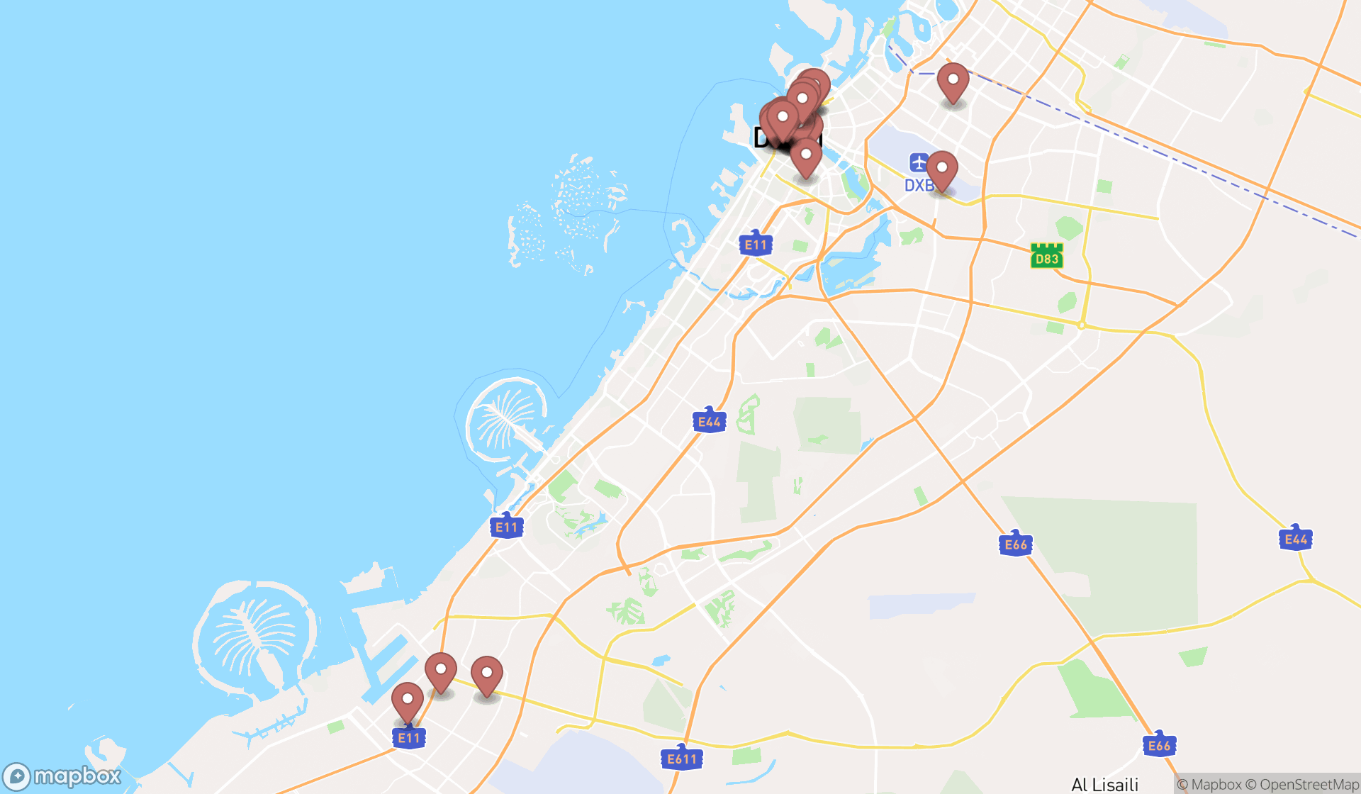 Map showing the search results in Dubai