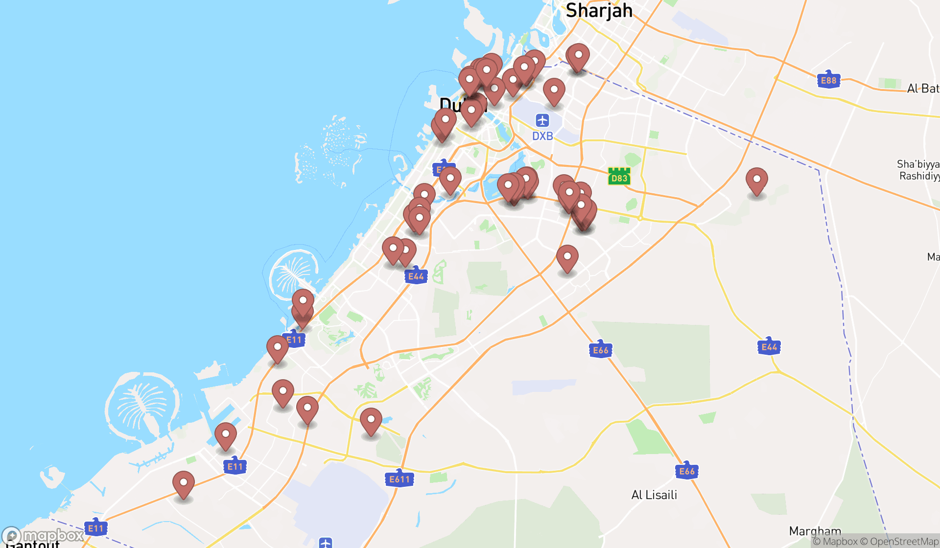 Map showing the search results in Dubai