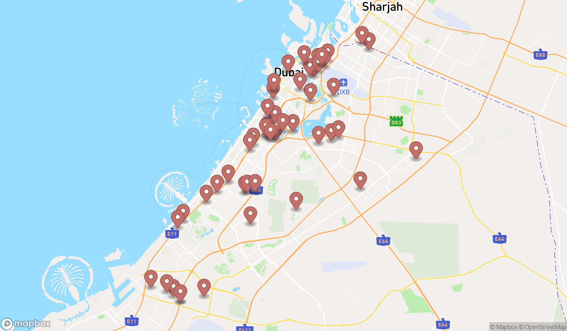 Map showing the search results in Dubai
