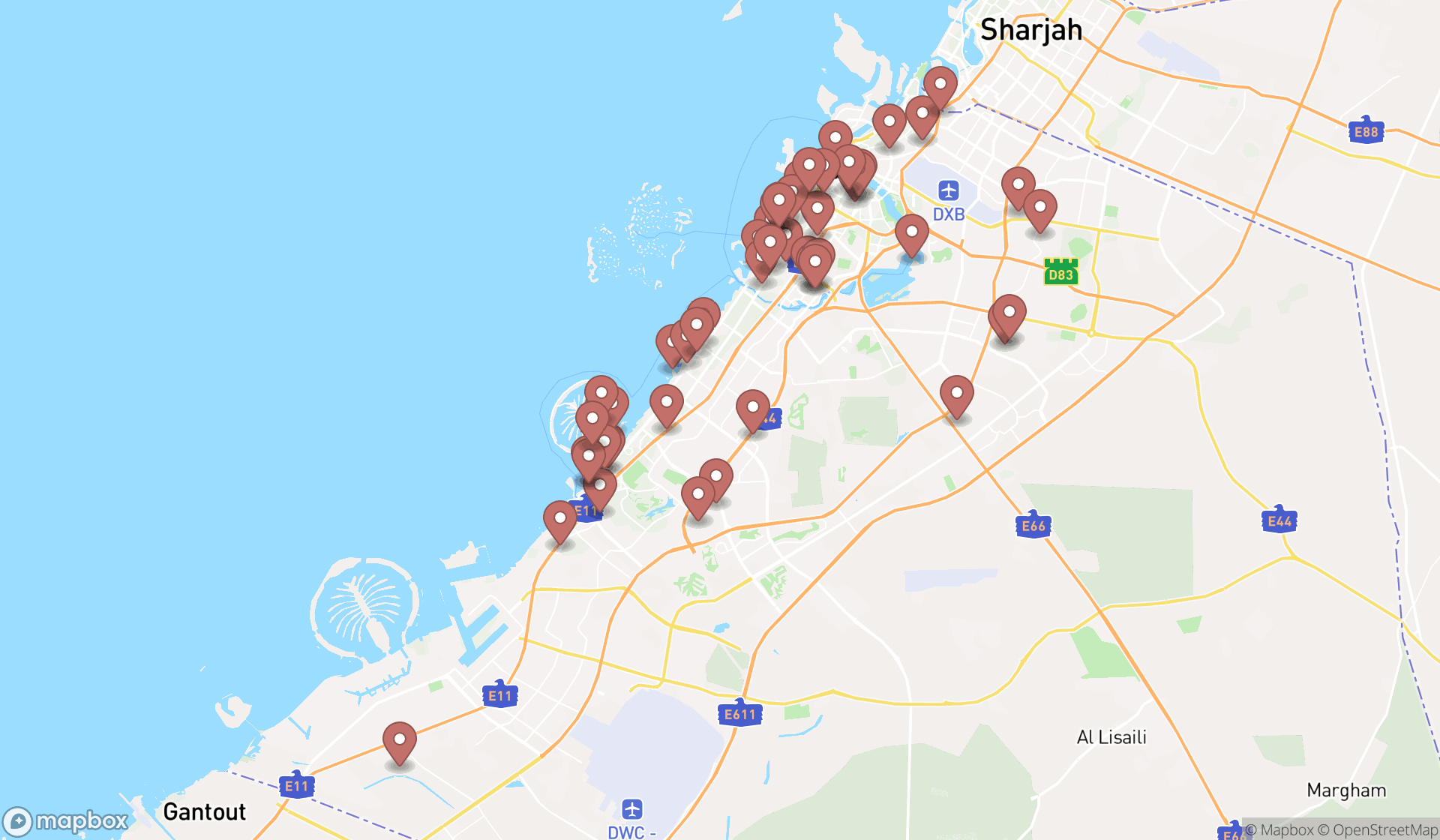 Map showing the search results in Dubai