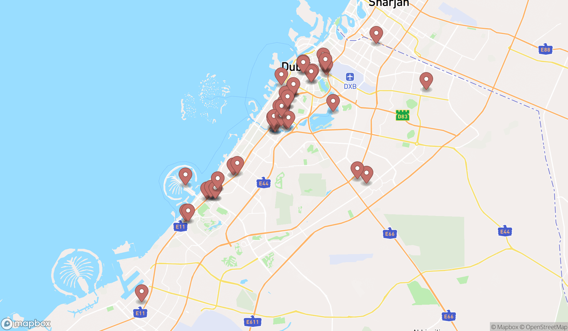 Map showing the search results in Dubai