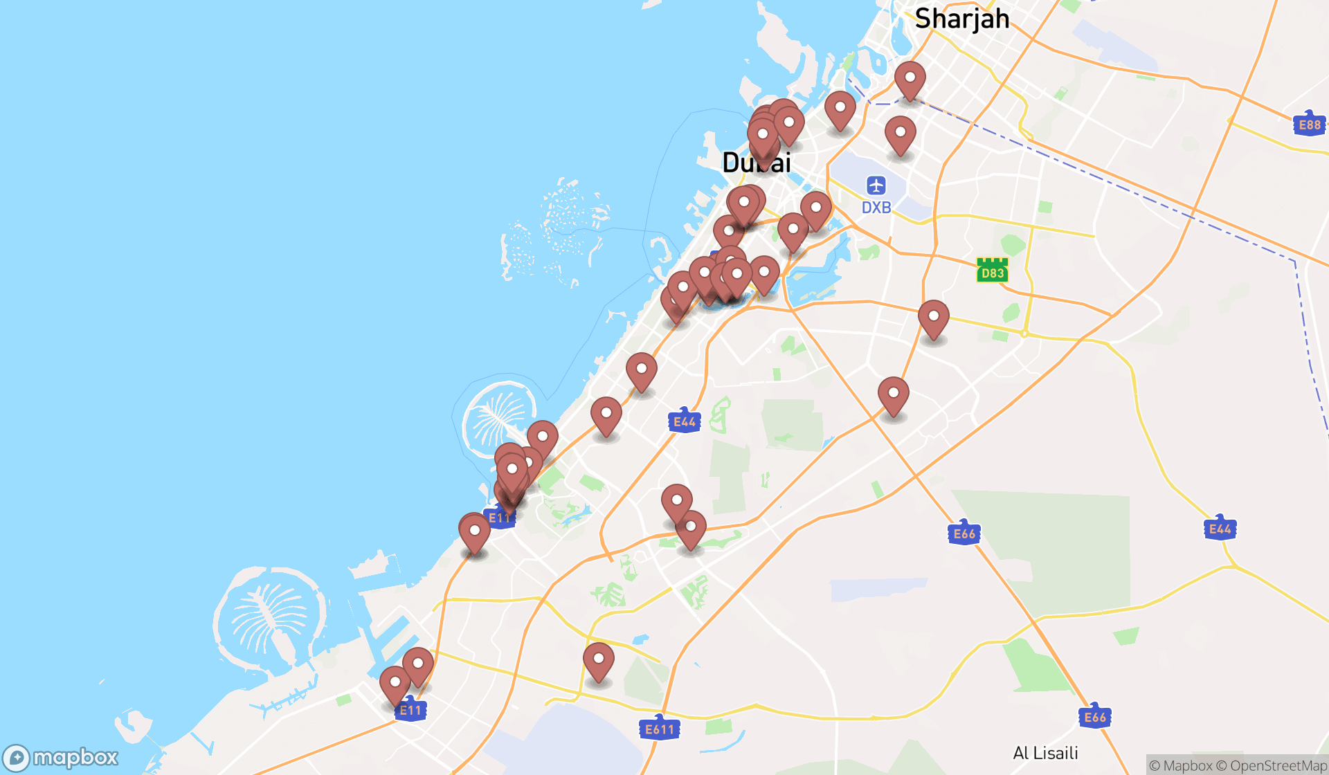 Map showing the search results in Dubai