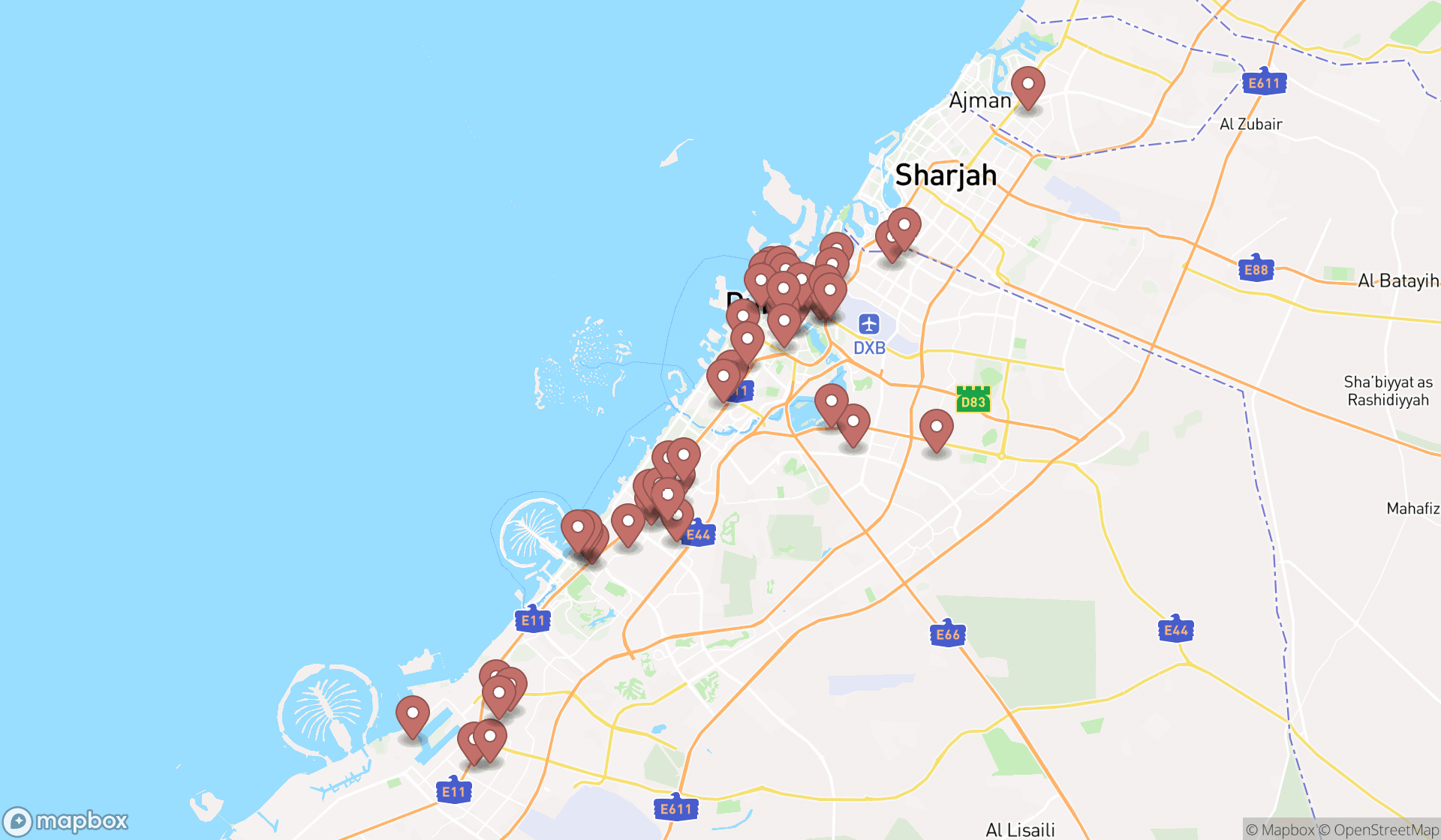 Map showing the search results in Dubai