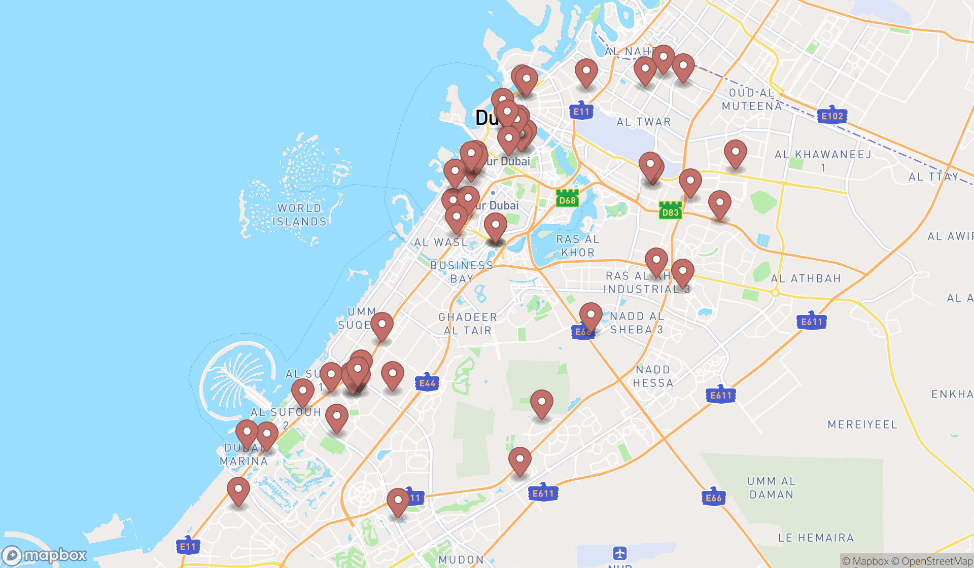 Map showing the search results in Dubai