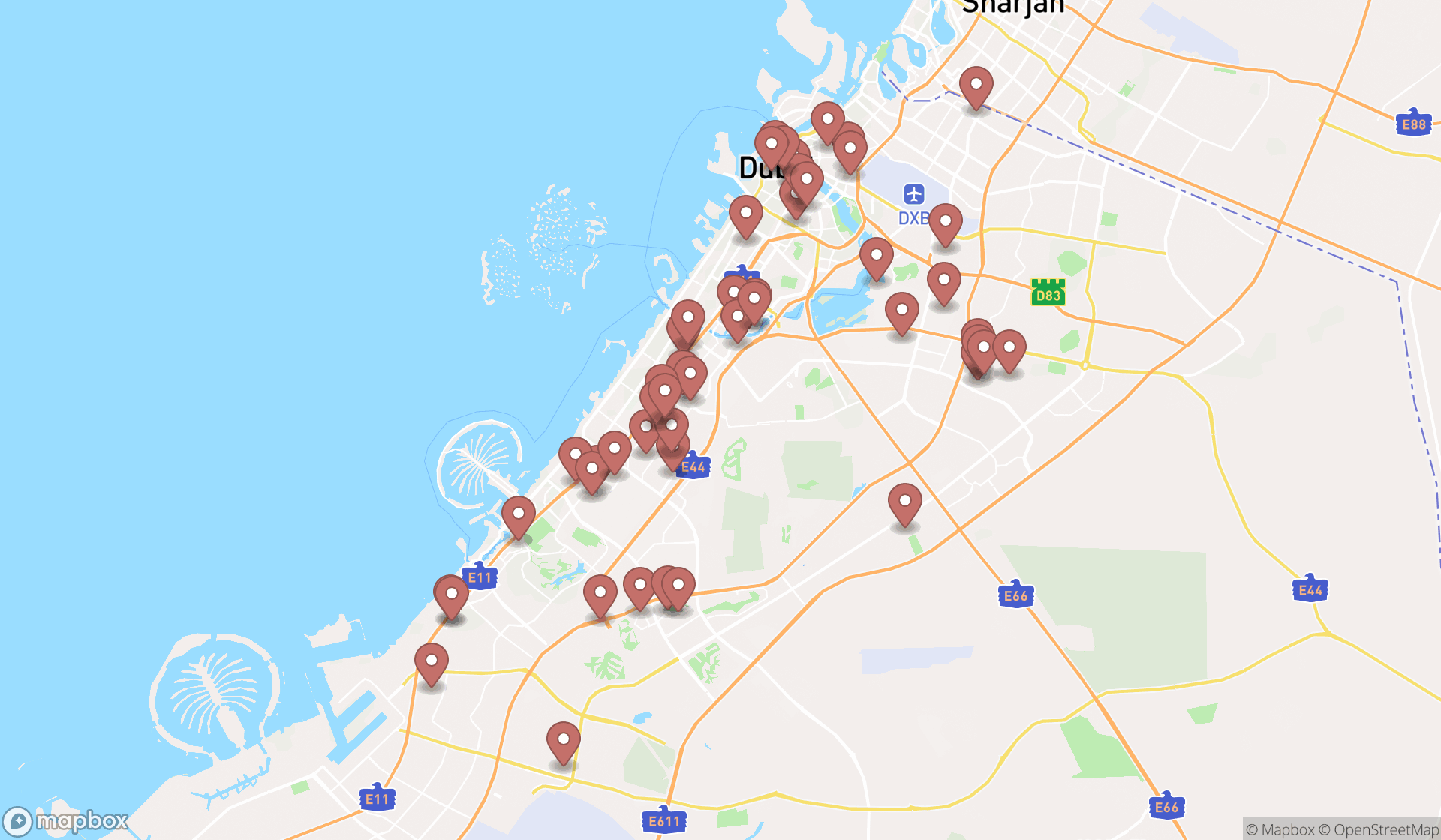 Map showing the search results in Dubai