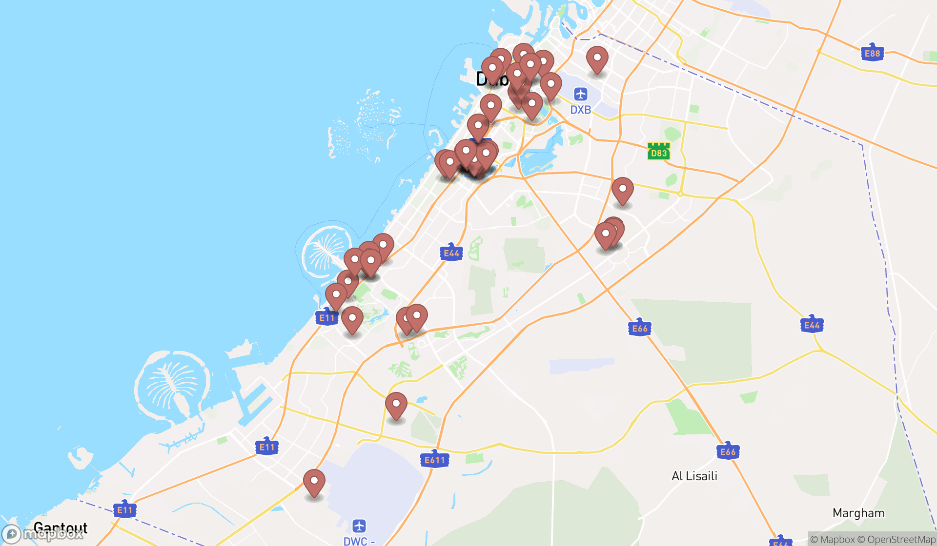 Map showing the search results in Dubai
